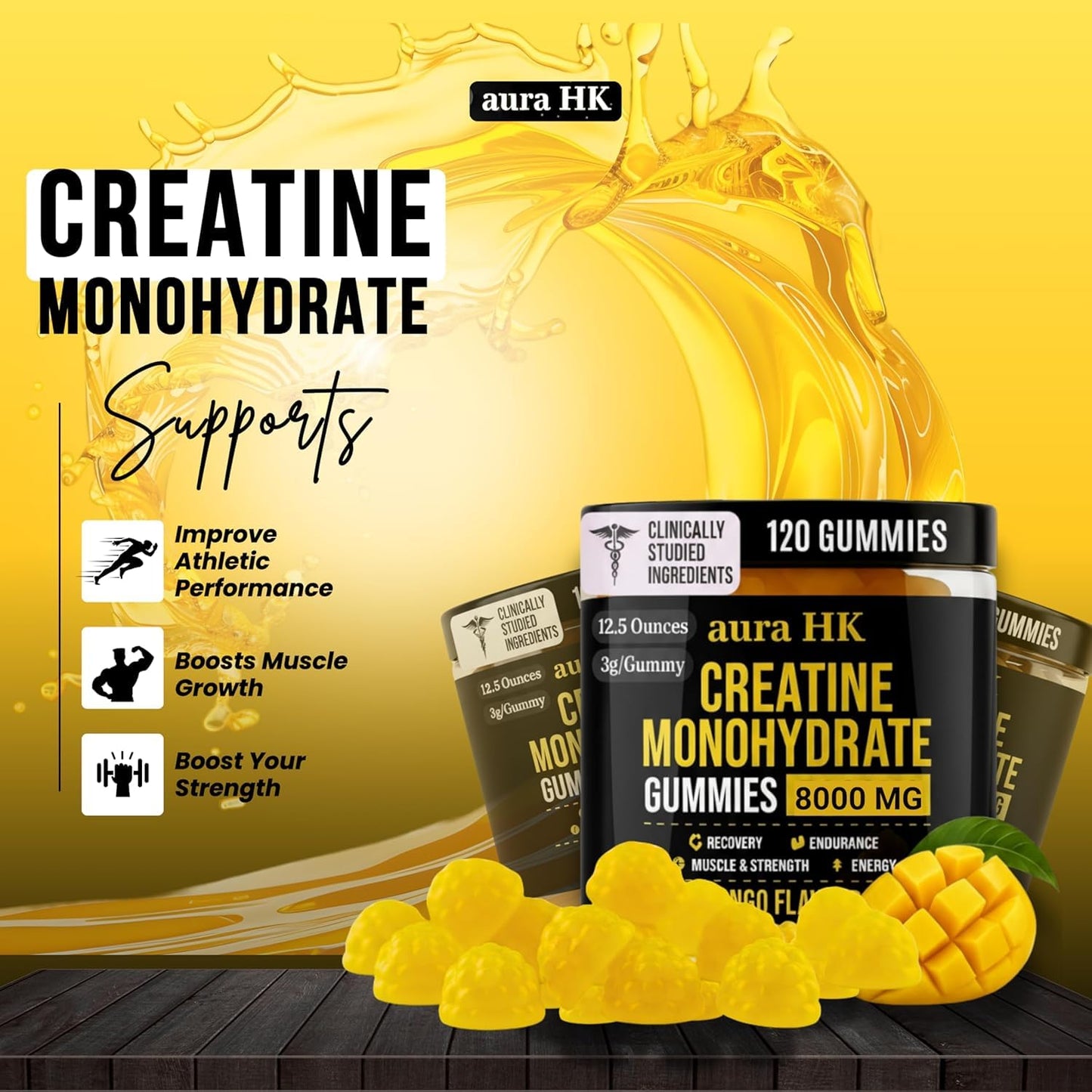 Aura HK Sugar Free Creatine Monohydrate Gummies Mango Flavour, 120 Gummies