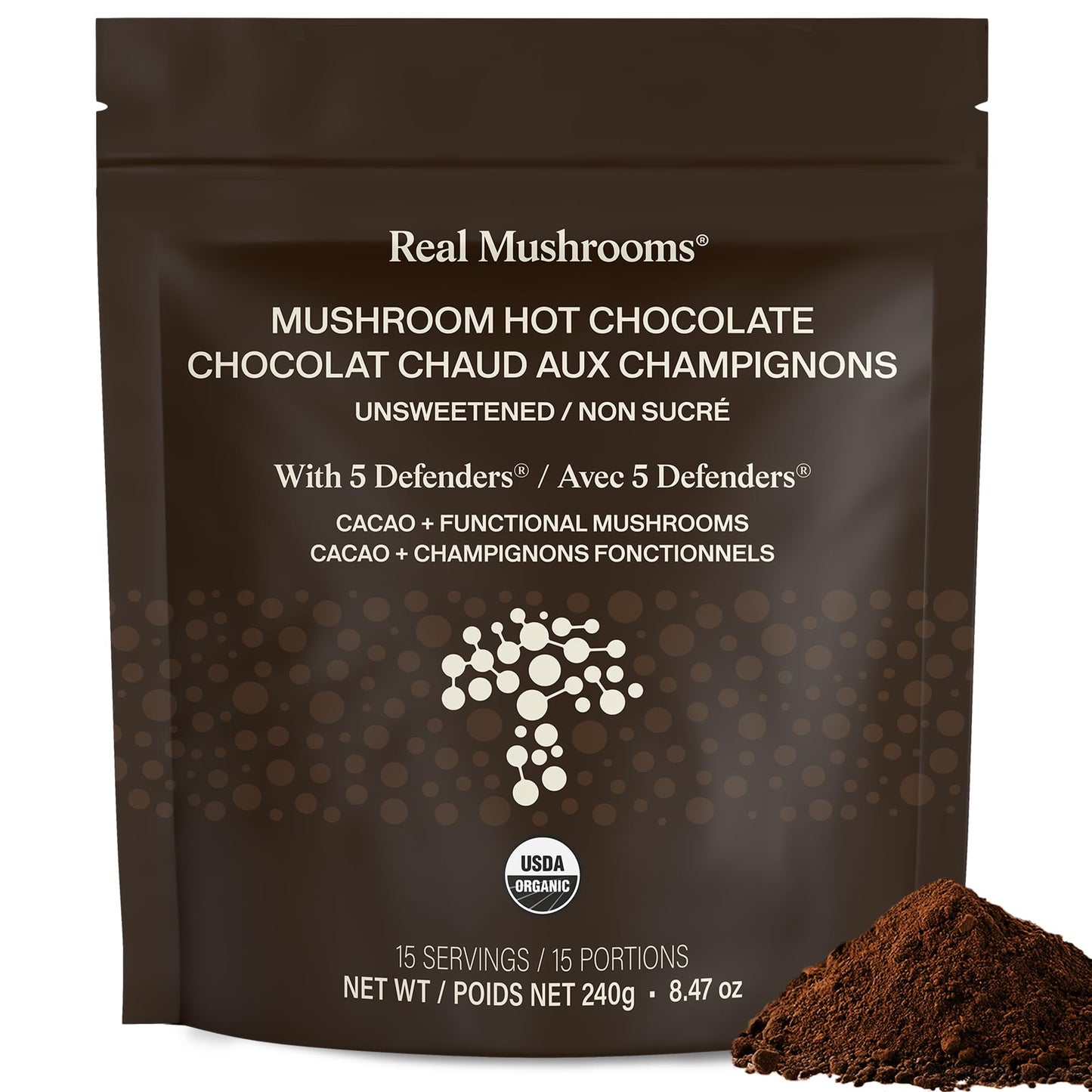 Real Mushrooms Unsweetened Hot Chocolate Mix with 5 Defenders Powder 8.46 Ounce