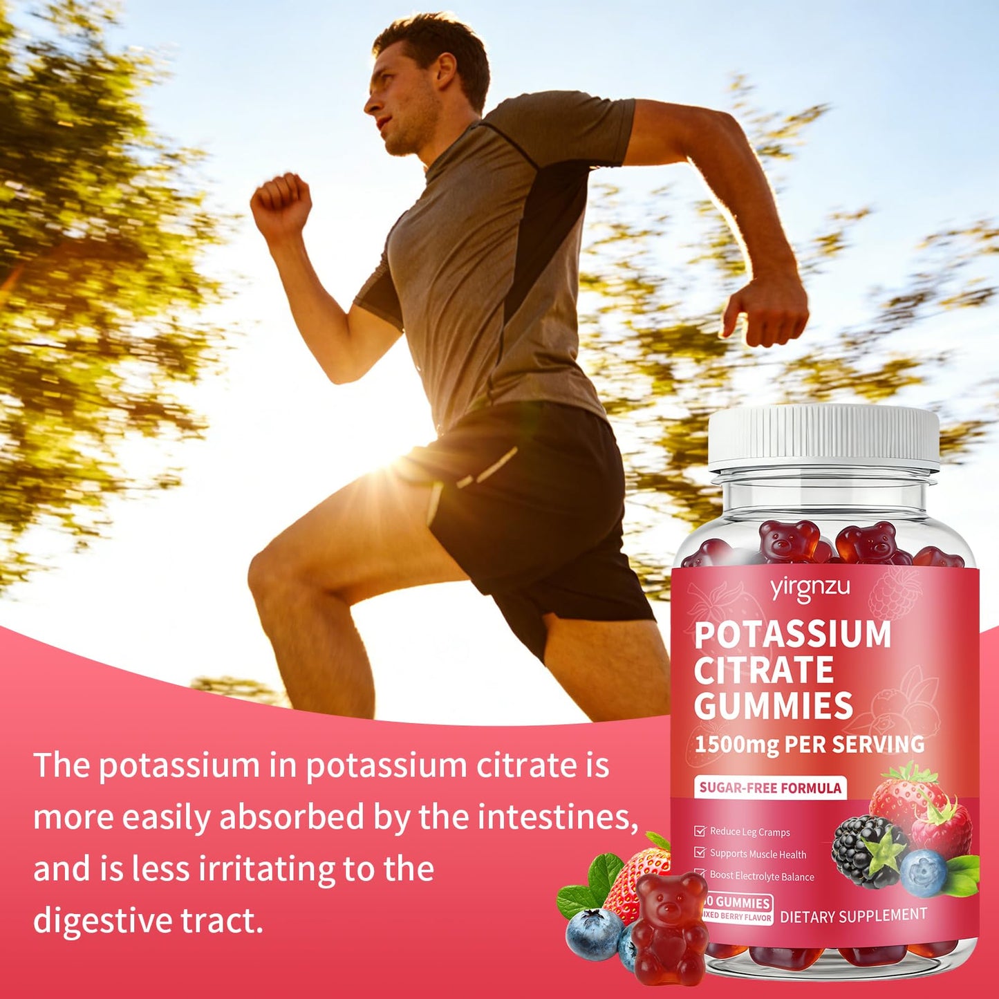 Yirgnzu Potassium Citrate Gummies 1500mg, Potassium Supplement for Women & Men, Vegan, Mixed Berry Flavor, 60 Count