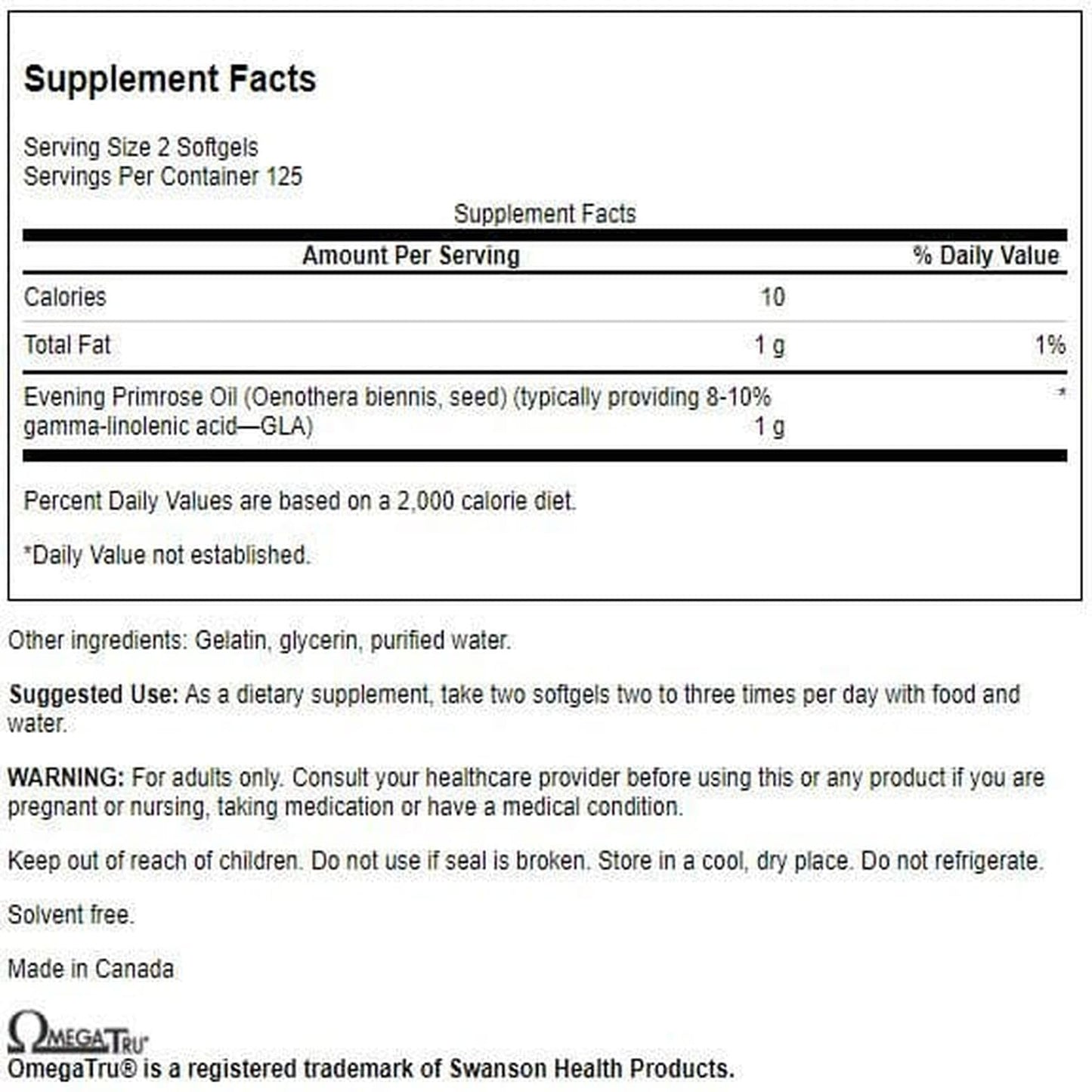 Swanson Evening Primrose Oil Softgels 500 mg, 250 Softgels