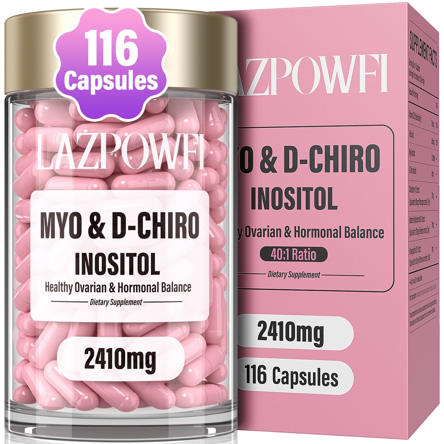 Lazpowfi Inositol Supplement with Myo-Inositol and D-Chiro Inositol Capsule 116 Count