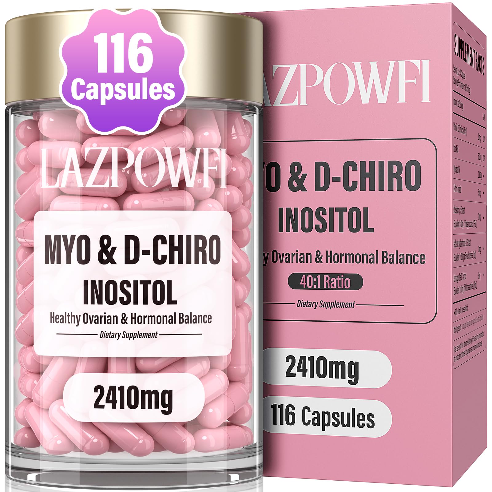 Lazpowfi Inositol Supplement with Myo-Inositol and D-Chiro Inositol Capsule 116 Count