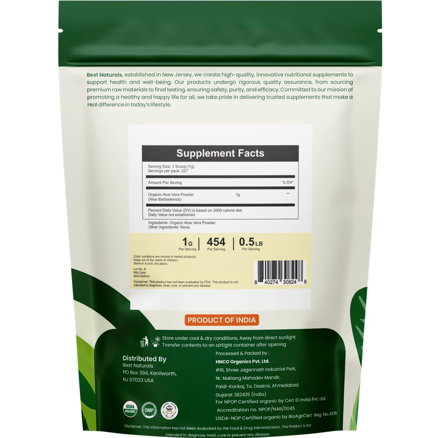 Best Naturals Certified USDA Organic Aloe Vera Powder, 8 oz