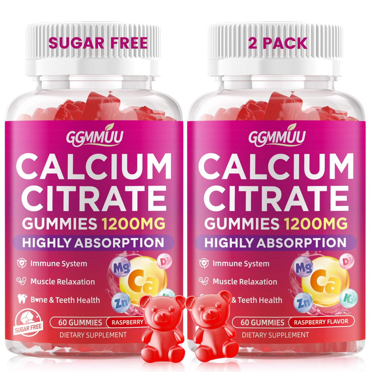 GGMMUU Calcium Citrate Gummies 1200mg, High Absorption Calcium Supplements for Women & Men, Sugar Free, Non-GMO, Raspberry Flavor, 120 Gummies
