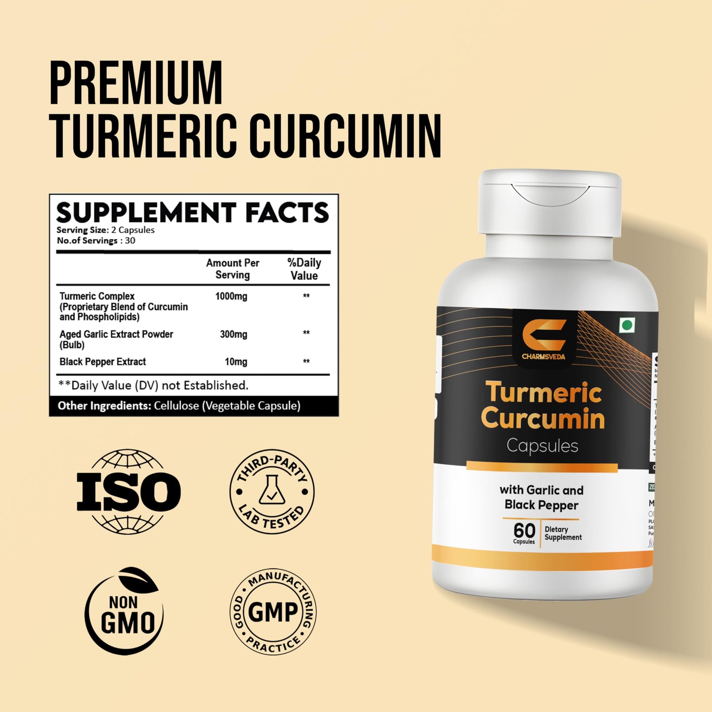 CHARMSVEDA Turmeric Curcumin Capsules with Garlic & Black Pepper Extract, Joint & Muscle Health Support, Heart Health Support, Vegan Supplement, 60 Capsules