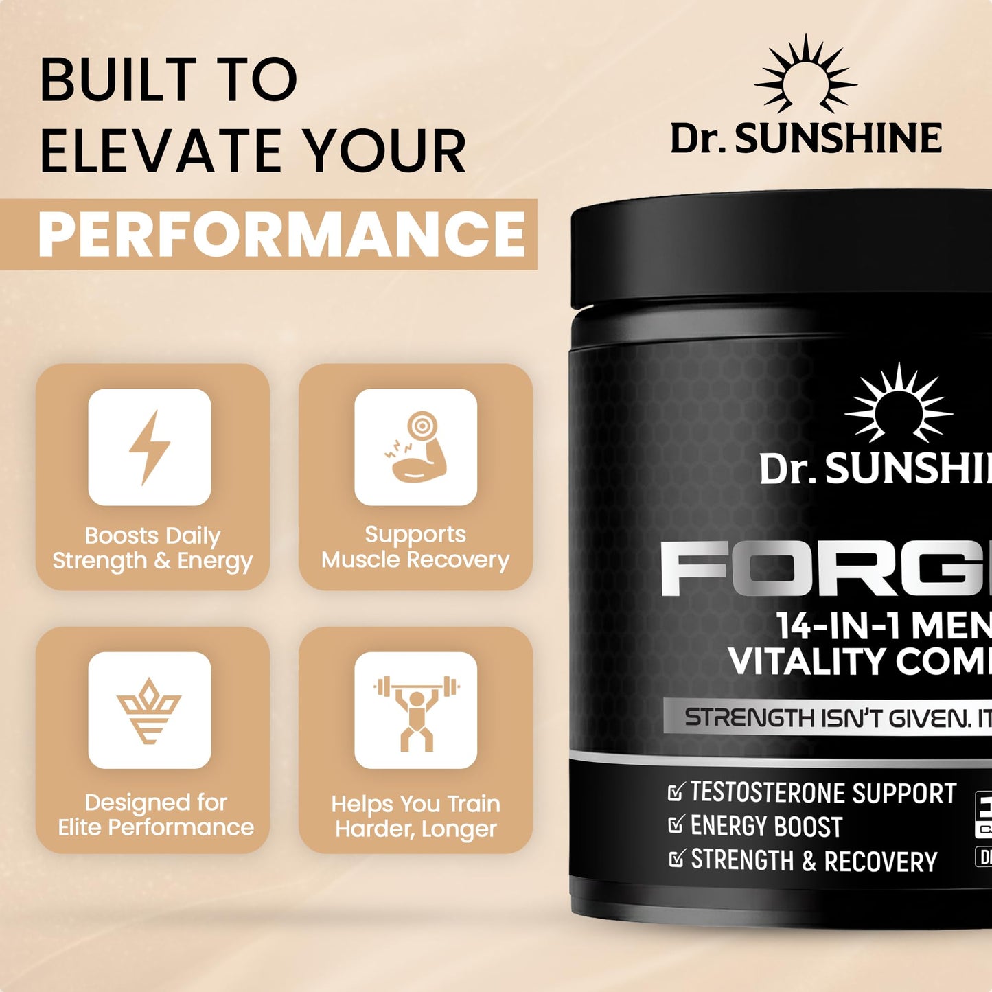 DR. SUNSHINE Forged Testosterone Supplement for Men 14 in 1 Natural Male Strength with Shilajit, Ashwagandha, Tongkat Ali – Muscle Builder Testosterone Booster for Men, Capsules, 120 Count