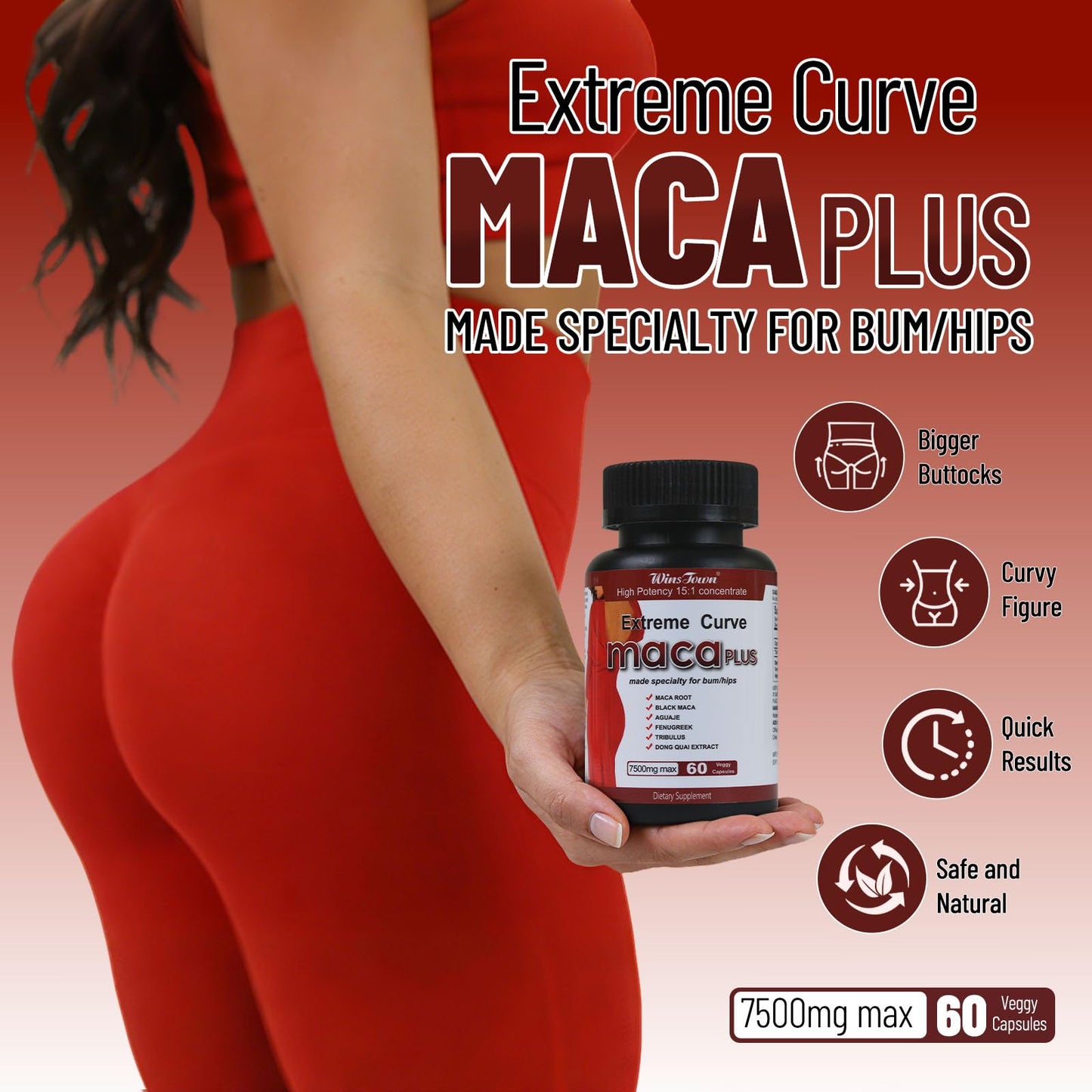 Wins Town Maca Plus 7500mg, Ashwagandha & Ginseng, 60 Capsules