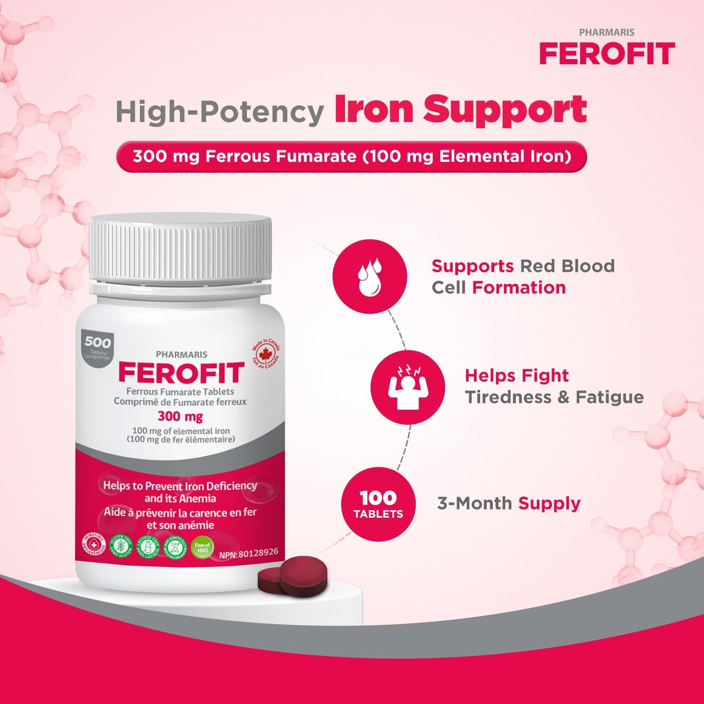 Pharmaris Ferofit - Ferrous Fumarate 300mg (100mg Elemental Iron), Iron Supplement for Women & Men, 500 Tablets