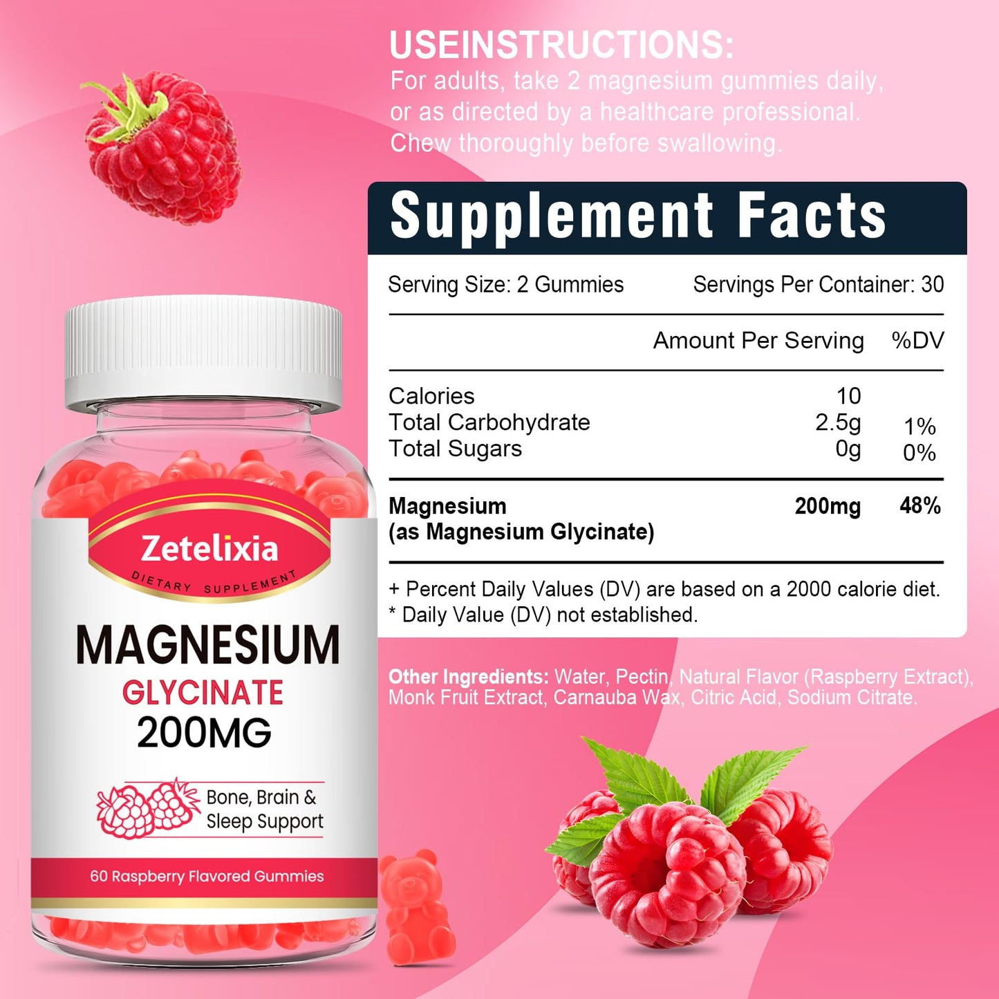 Zetelixia Magnesium Glycinate Gummies 200mg, 60 Count