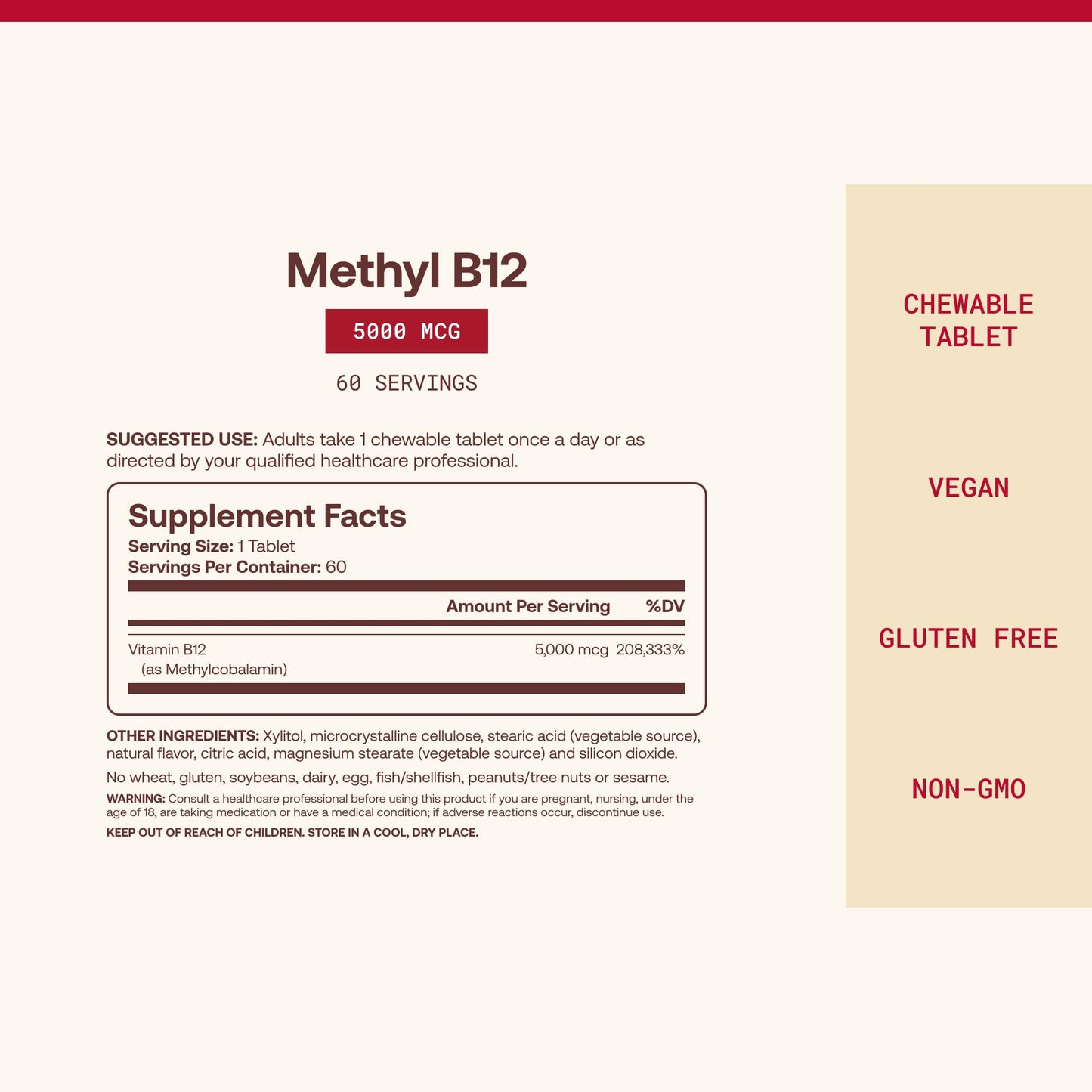 Jarrow Formulas Methyl Vitamin B-12 5000 mcg Chewable, 60 Tablets