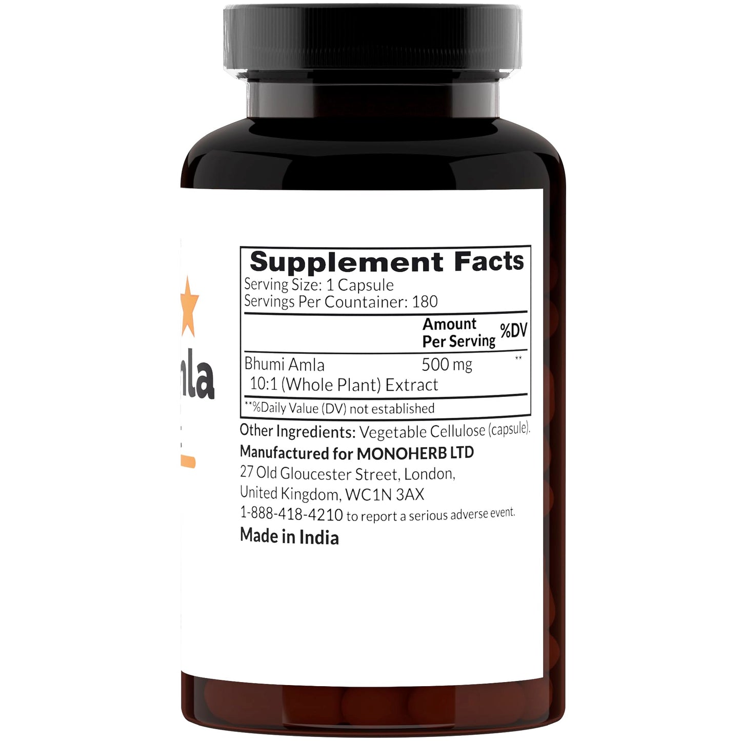 MONOHERB Bhumi Amla 10:1 Extract - 500 mg per Capsule, 180 Capsules
