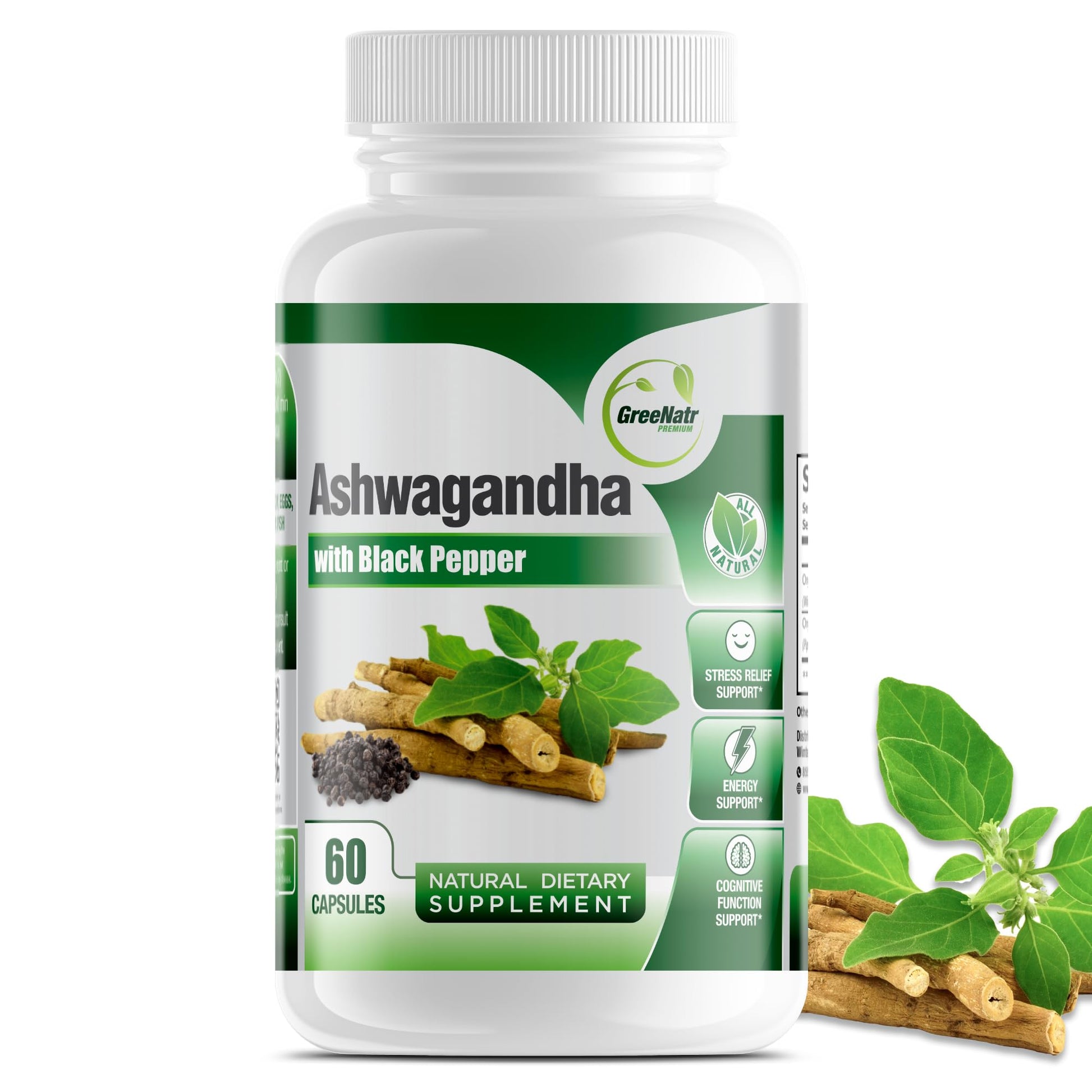 GreeNatr Organic Ashwagandha Capsules with Black Pepper - 60 Count Veggie Capsules