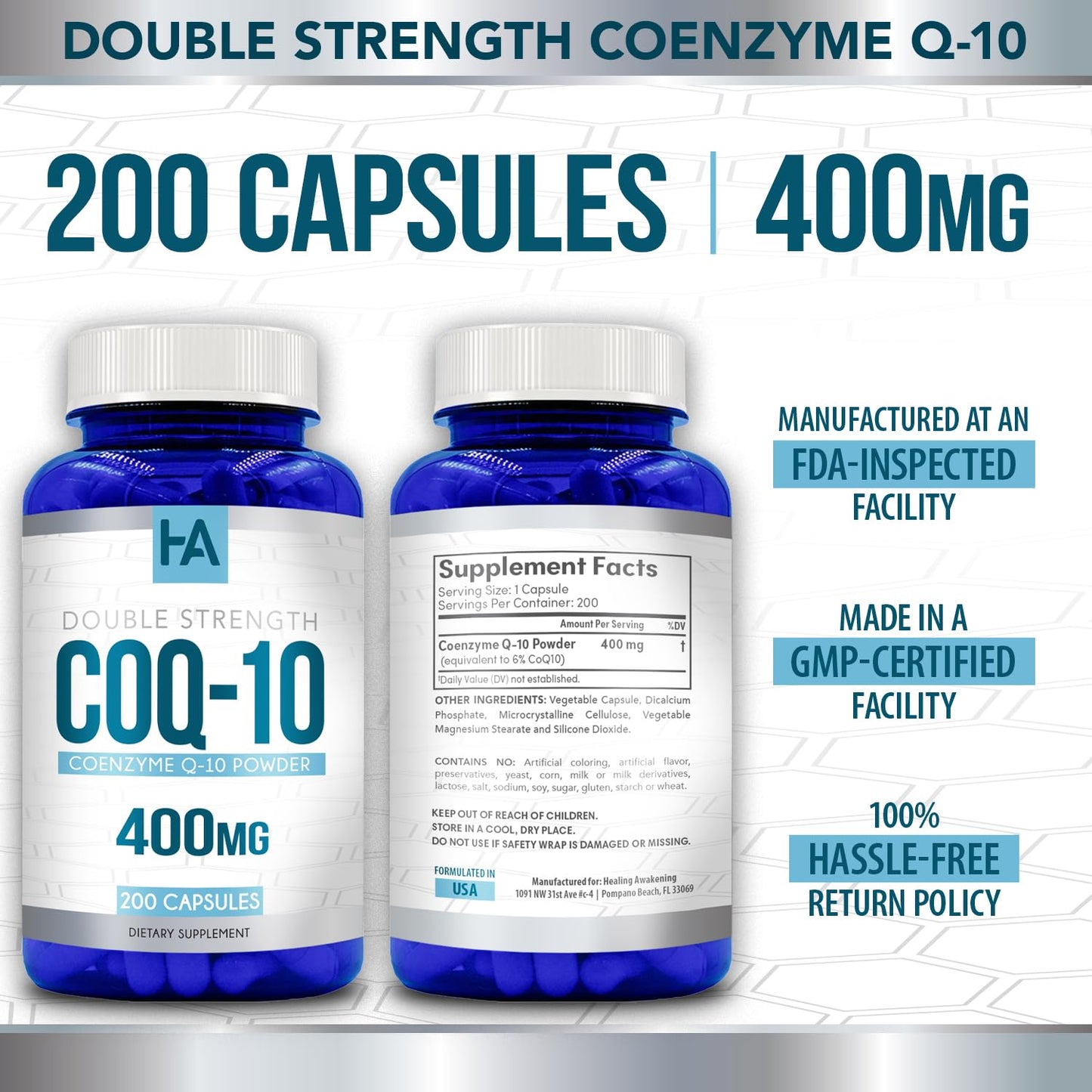 Healing Awakening CoQ10 400mg Capsules 200 Count