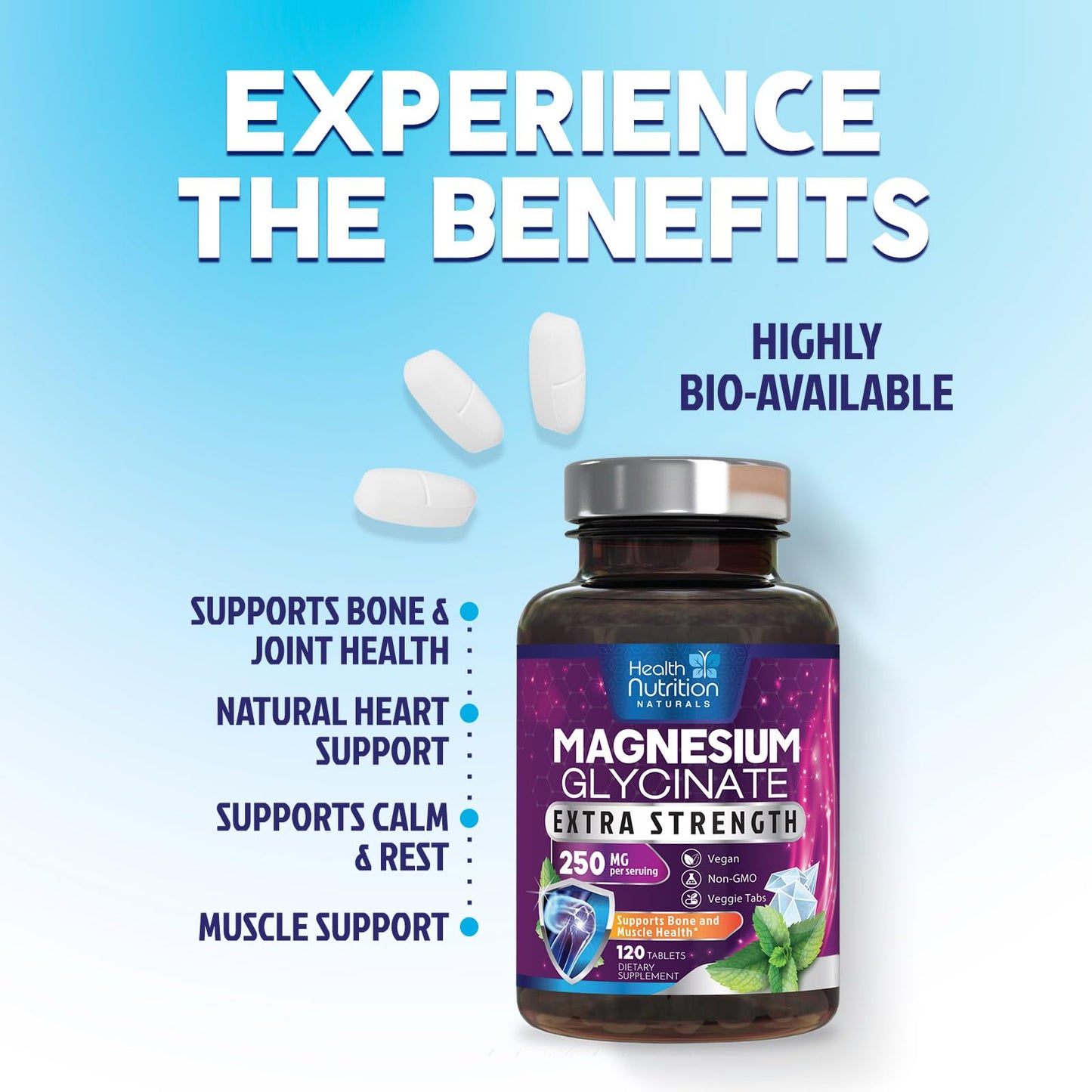 Health Nutrition Naturals Magnesium Glycinate 250mg Tablet, 120 Count