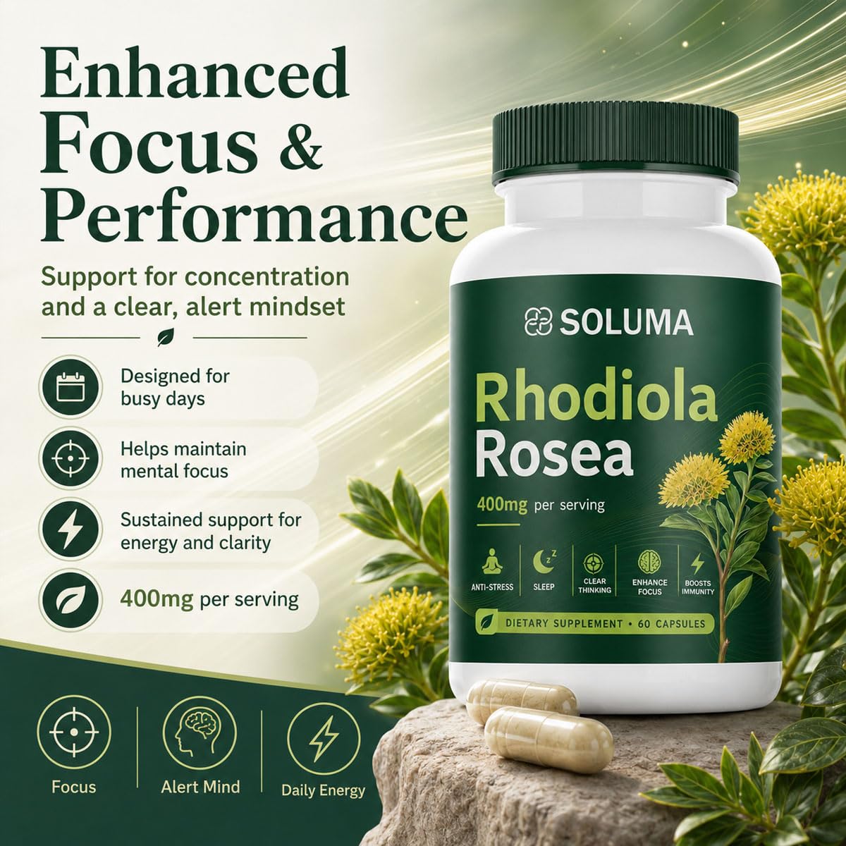 Soluma Rhodiola Rosea Organic Adaptogen Supplement with Bioperine, Energy, Stress & Mental Focus Support, 60 Capsules