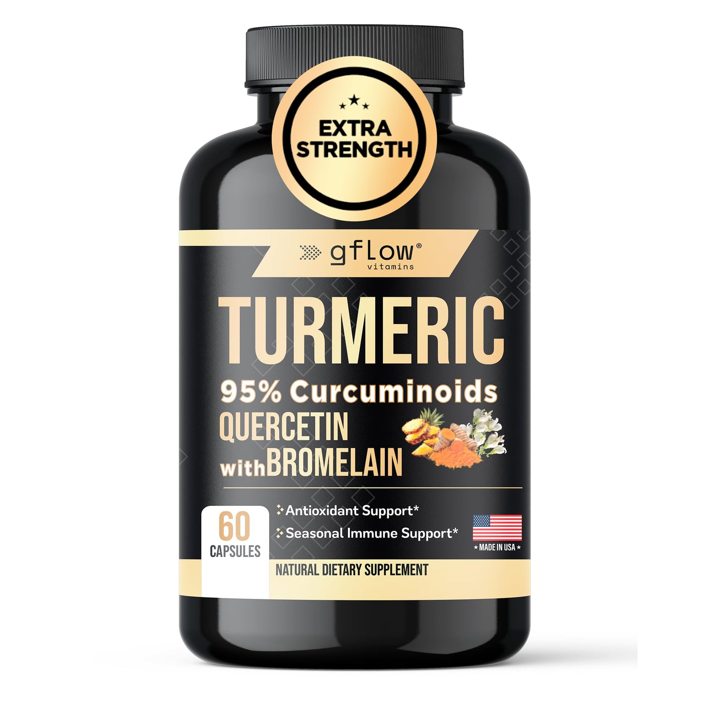 gflow vitamins Turmeric Curcumin 95% Curcuminoids + Quercetin with Bromelain Capsules, 60 Count