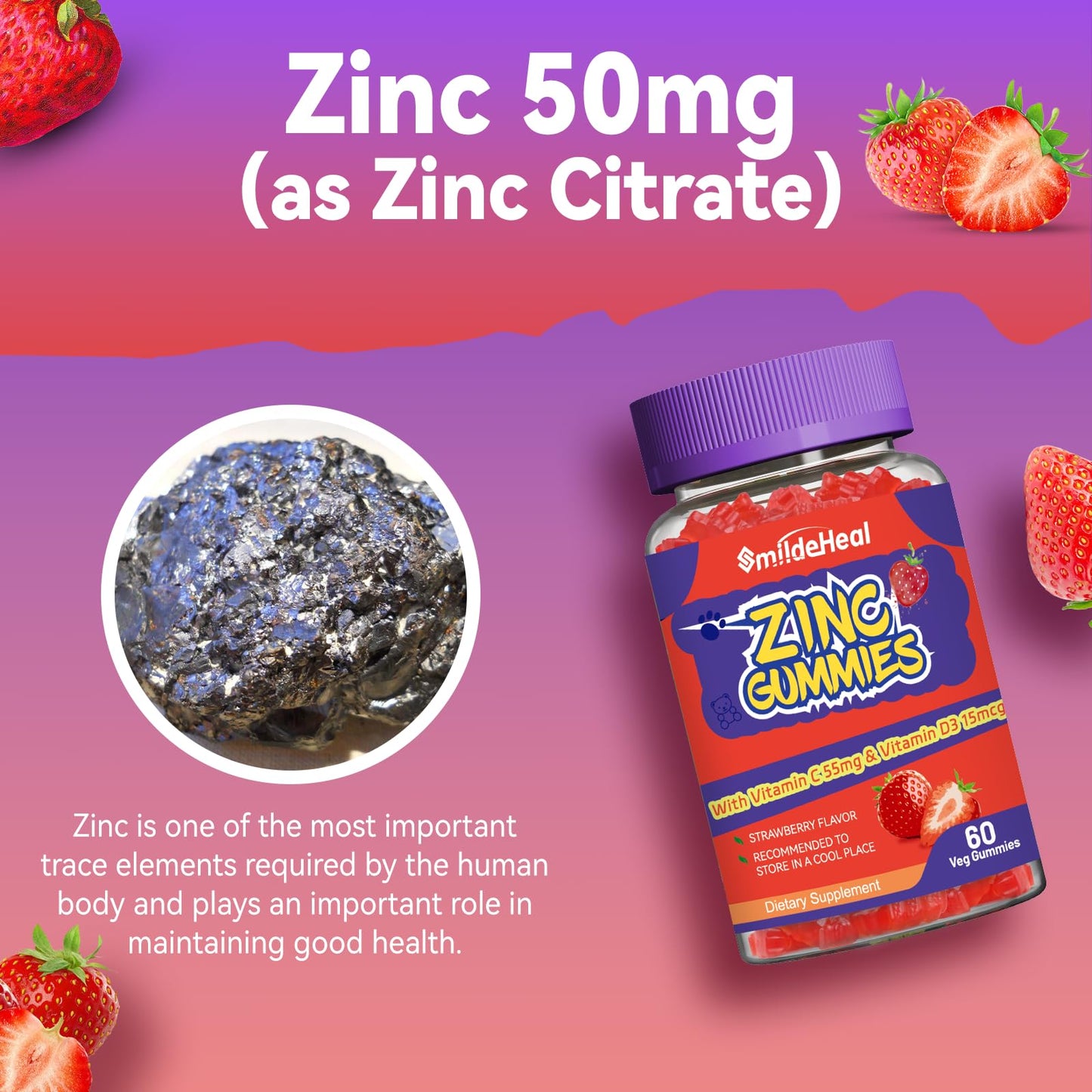 SmildeHeal Zinc Gummies 50mg Zinc Citrate with Vitamin C and D3, 60 Count