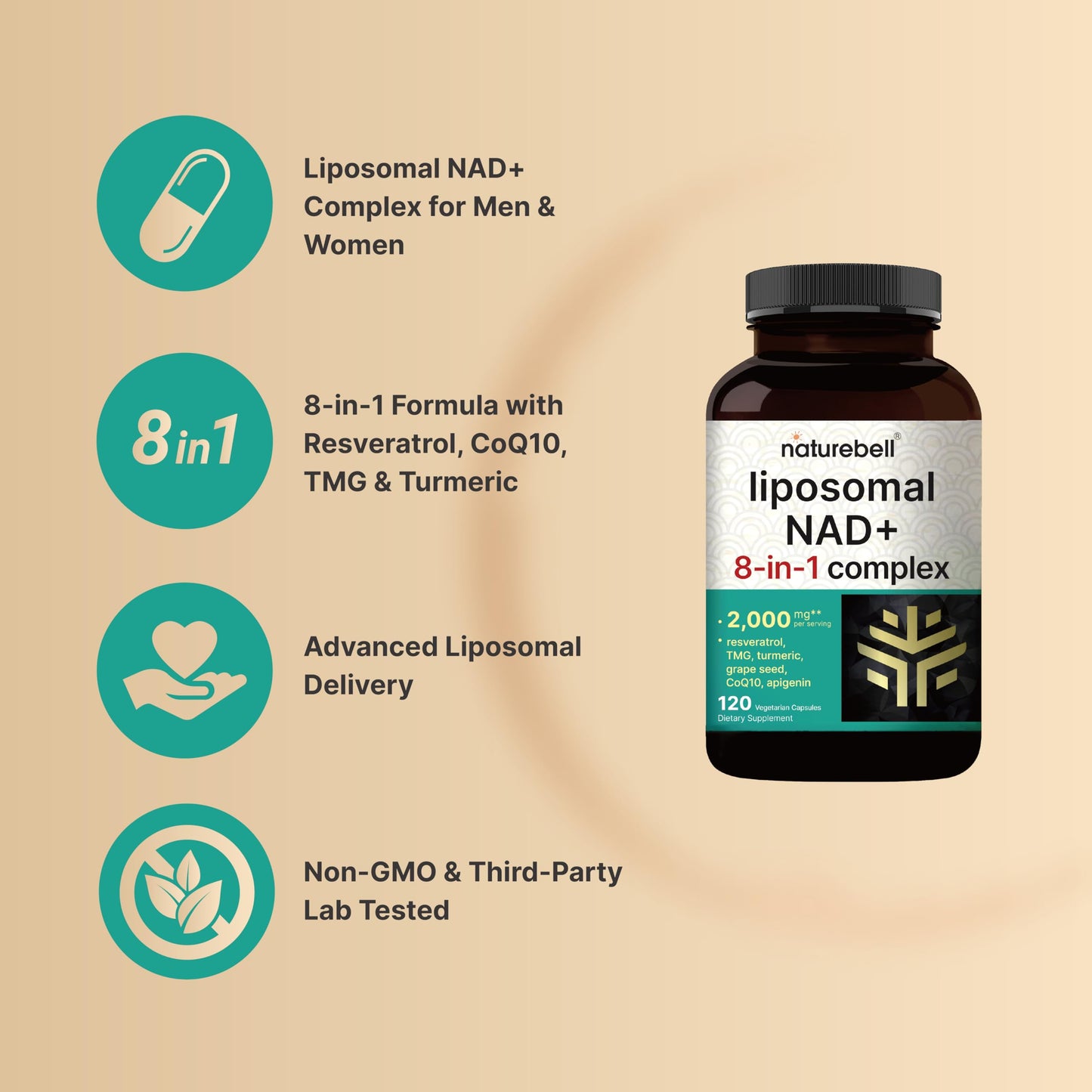 NatureBell Liposomal NAD+ 8-in-1 Complex 2000mg Per Serving, 120 Vegetarian Capsules