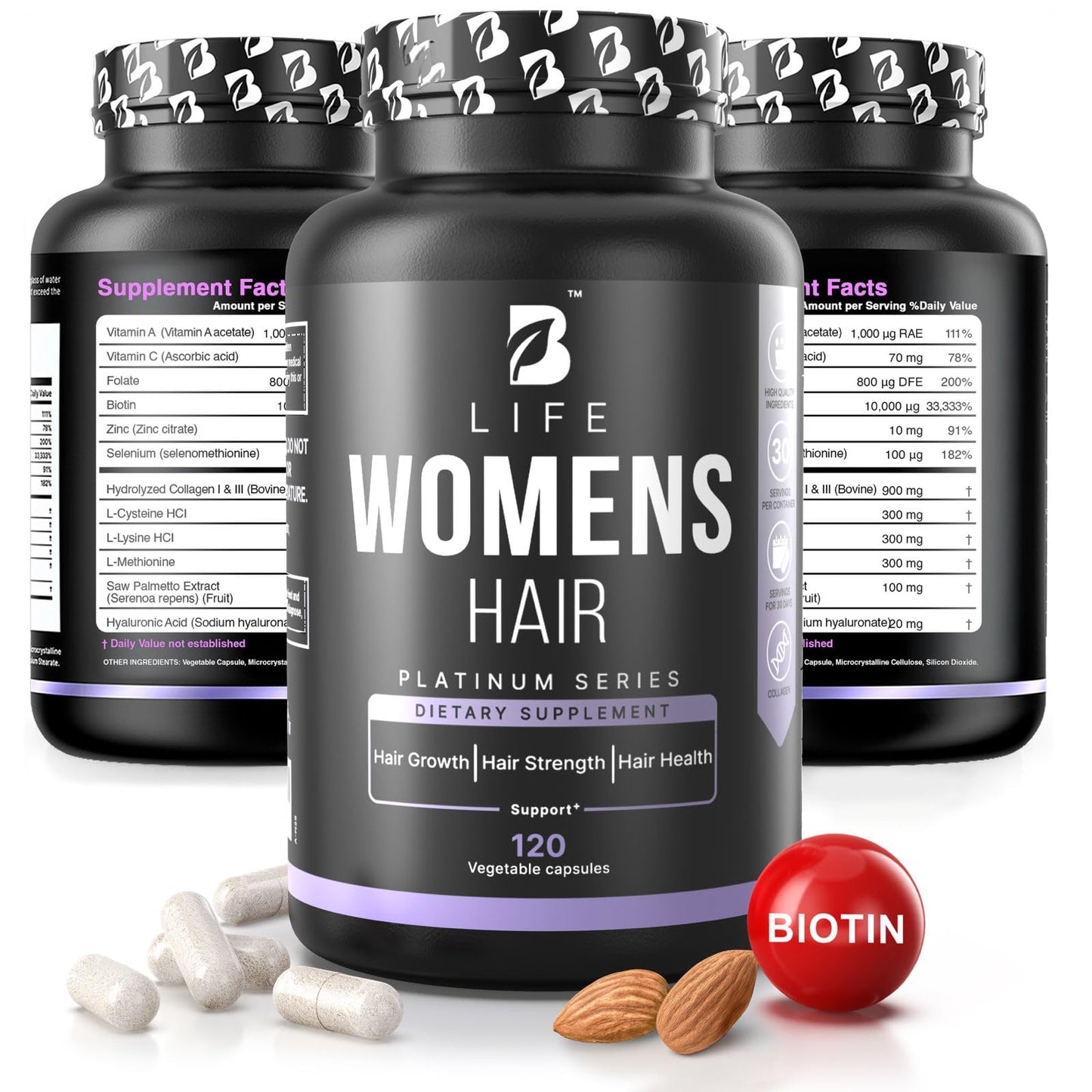 B Life Company Biotin 10000 mcg Hair Vitamins for Hair Loss for Women – Hair Growth Treatments for Women – Healthy Hair Skin and Nails – Collagen Supports Hair Strength and Health, 120 Capsules