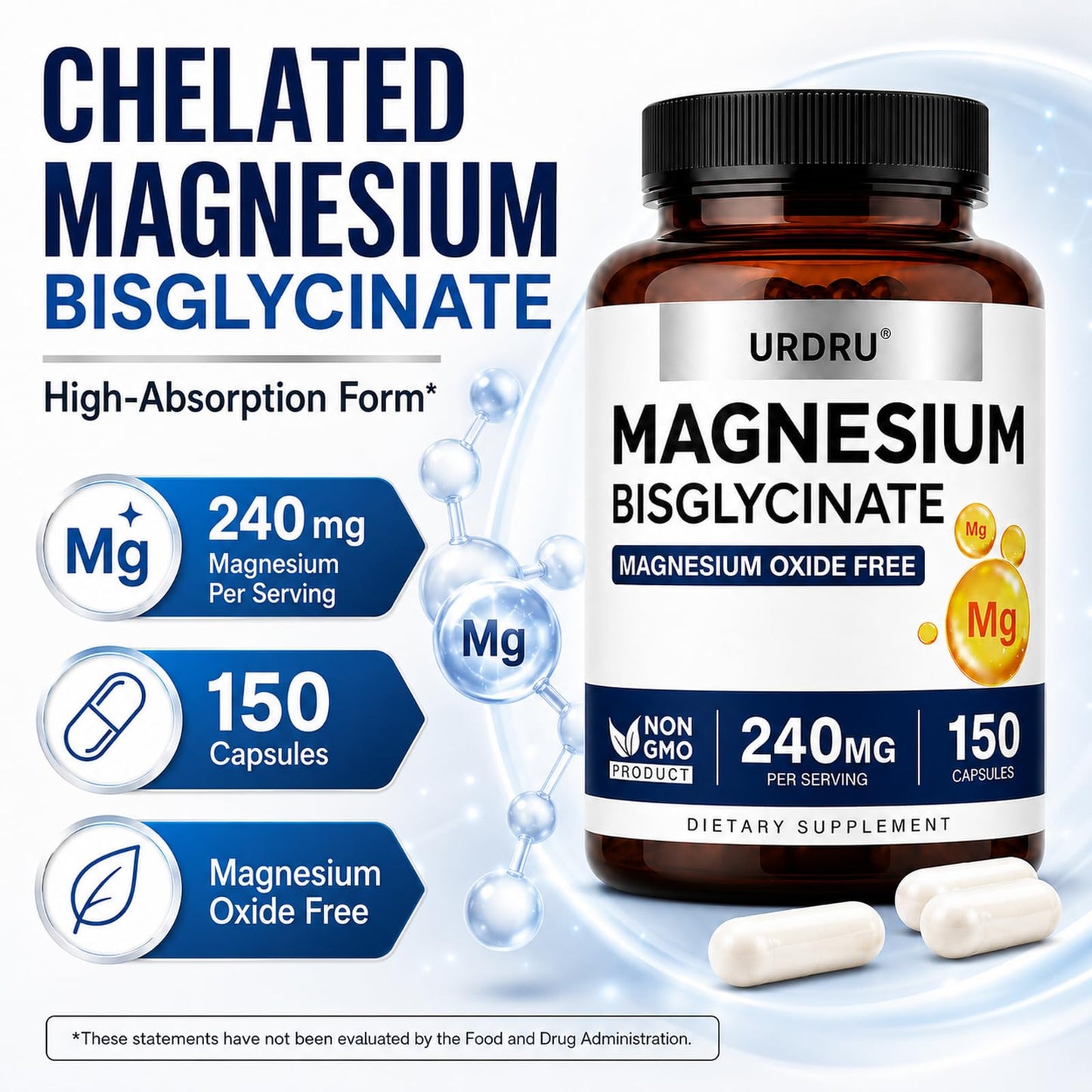 URDRU Magnesium Glycinate 2182mg 100% Chelated Magnesium Supplement Capsule, 150 Count