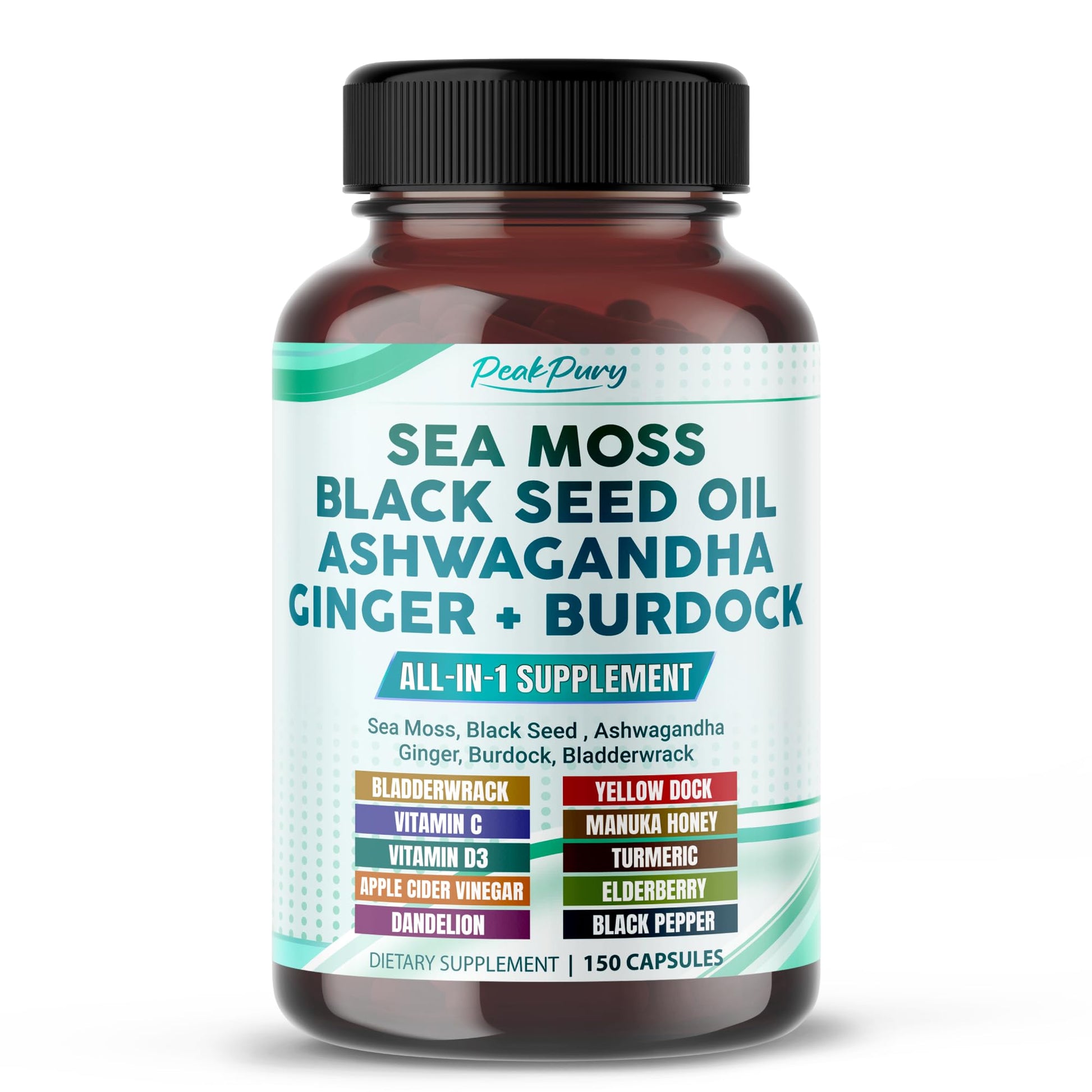 PEAKPURY Sea Moss Black Seed Oil Ashwagandha Ginger Burdock Bladderwrack Immunity Support Capsules 150 Count