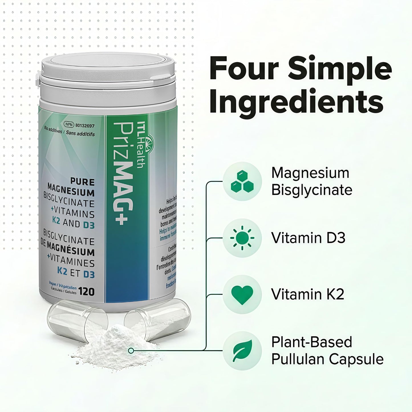 Mag365 MAG365 PrizMAG Plus Pure Magnesium Bisglycinate Pullulan Vegan Capsules with Vitamin K2 and D3, 120 Capsules