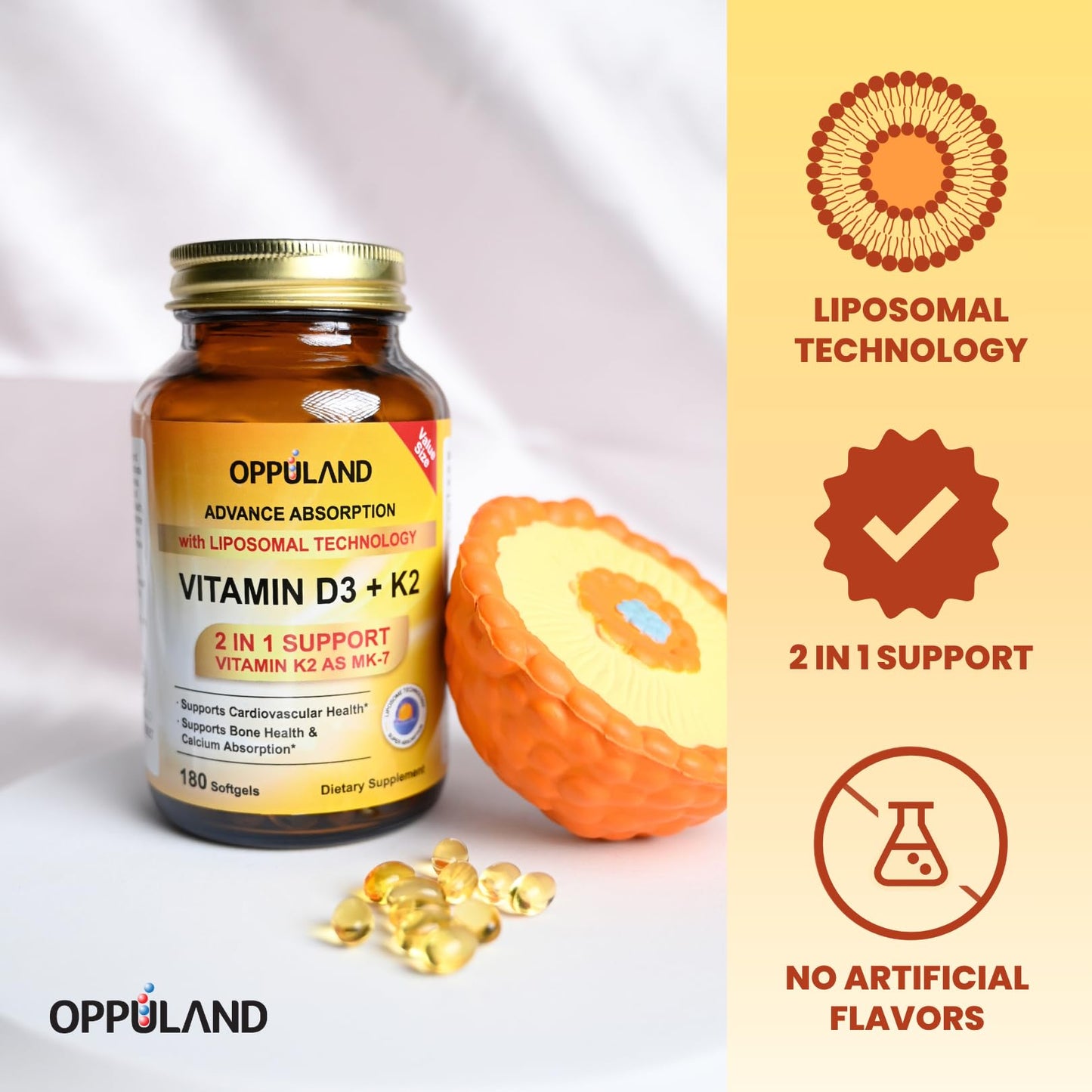 oppuland Vitamin D3 + K2 5000 IU Liposomal Technology for Enhanced Absorption MK-7 Vitamin K2 100mcg Supports Bone & Calcium Metabolism D3K2 Supplement for Men & Women Softgels 180