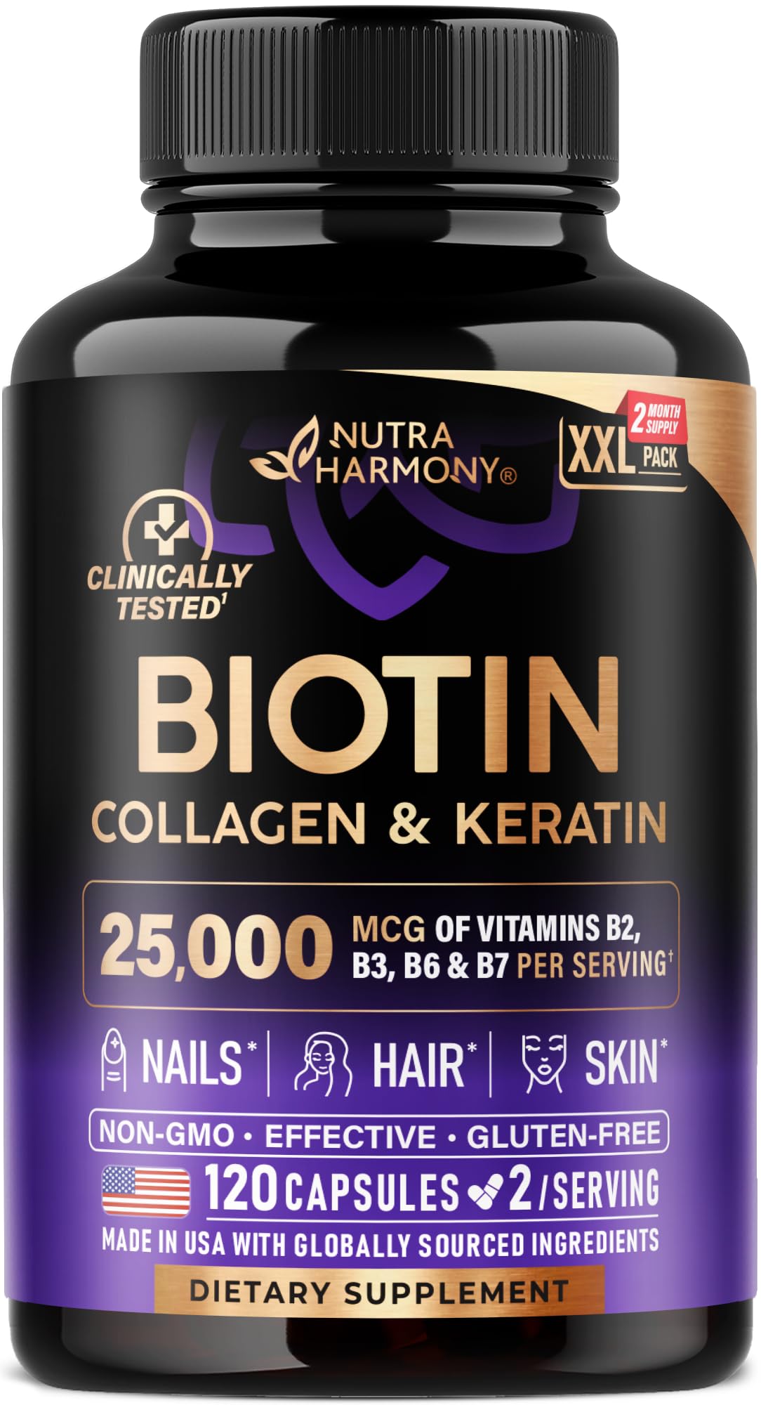 NUTRAHARMONY Biotin Collagen Hyaluronic Acid Keratin Vitamin B Complex Supplement Capsules 120 Count