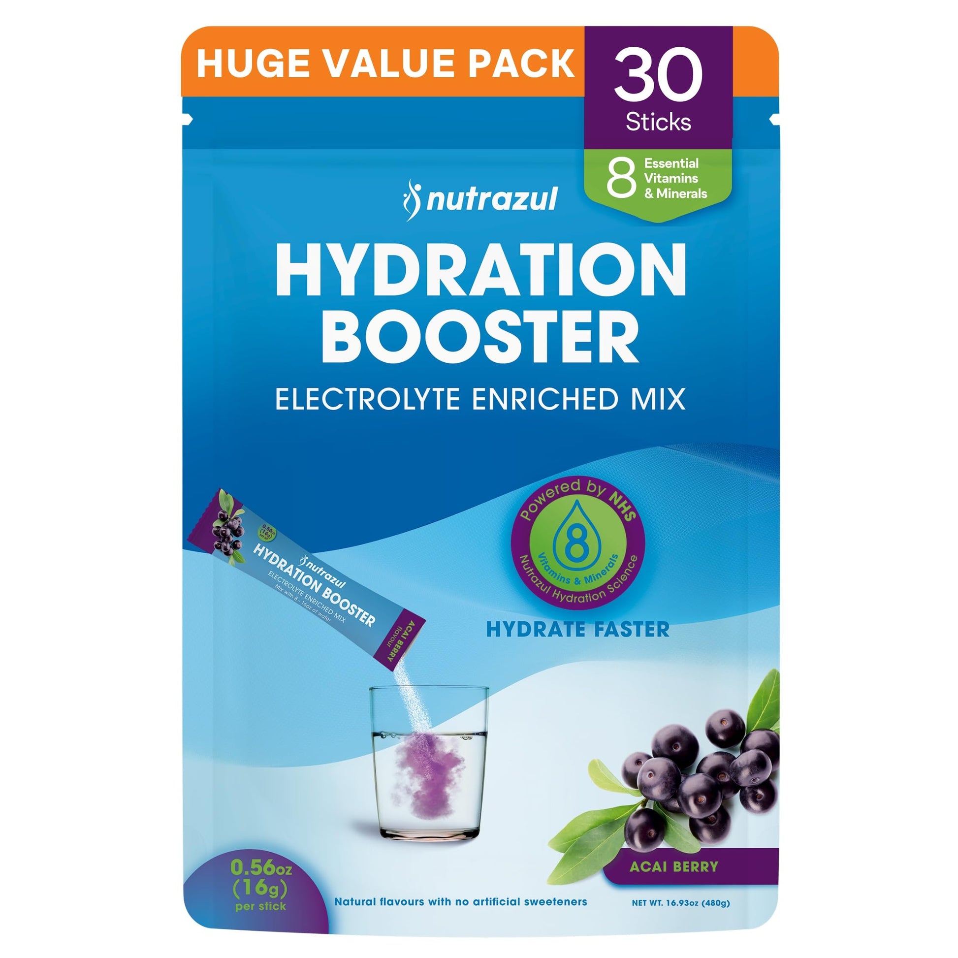 Nutrazul Hydration Booster Electrolytes Powder Sticks with Sodium, Potassium, Vitamin B6 & B12, No Artificial Sweeteners, Acai Berry Flavor, 30 Sticks