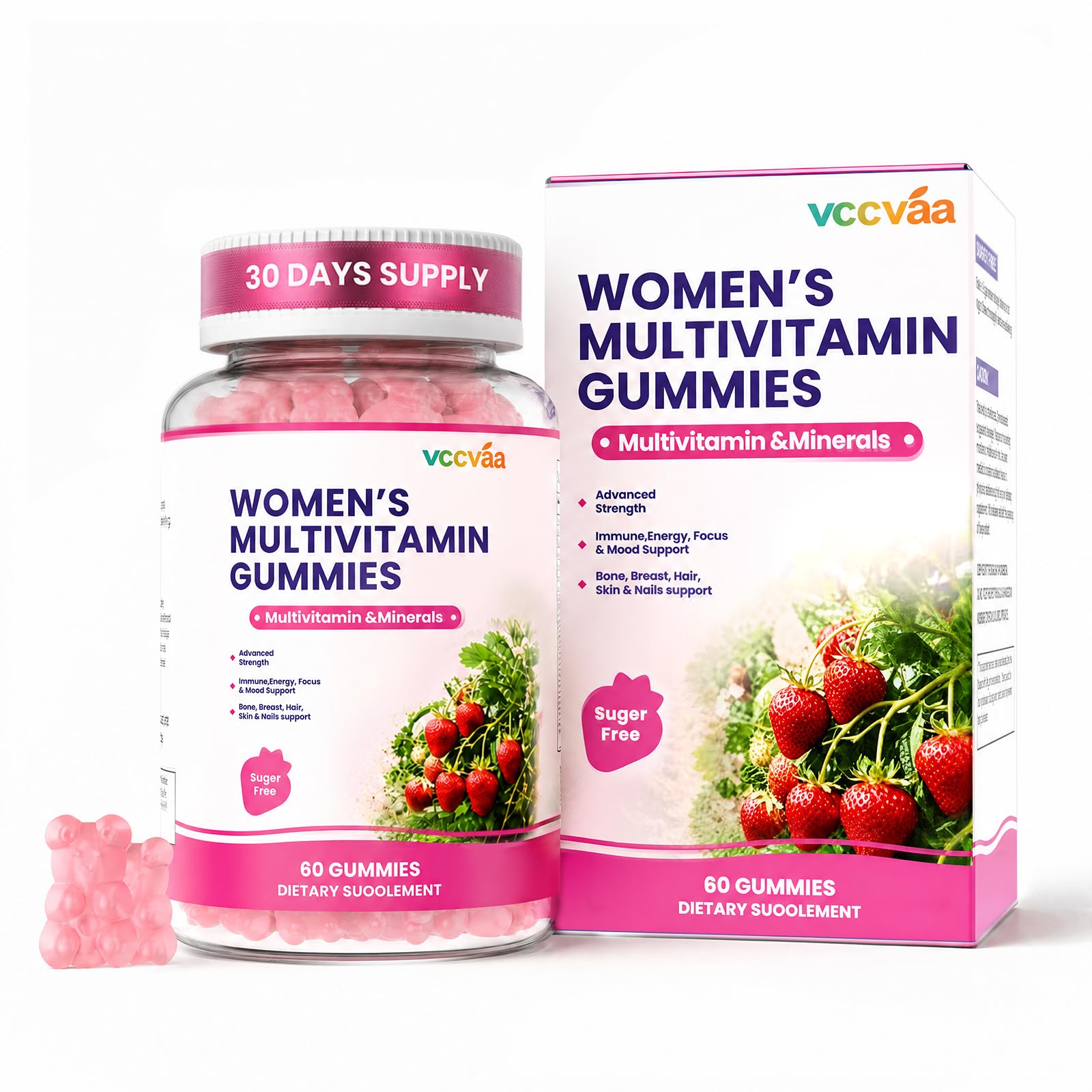 Vccvaa Sugar Free Multivitamin Gummies for Women 14+ with Iron, Inositol, Folate, Vitamins A C D3 E B12 K2, Herbal & Mineral Blend, Daily Vegan Gummy for Hair, Skin, Energy, Immune Support, 60 Count