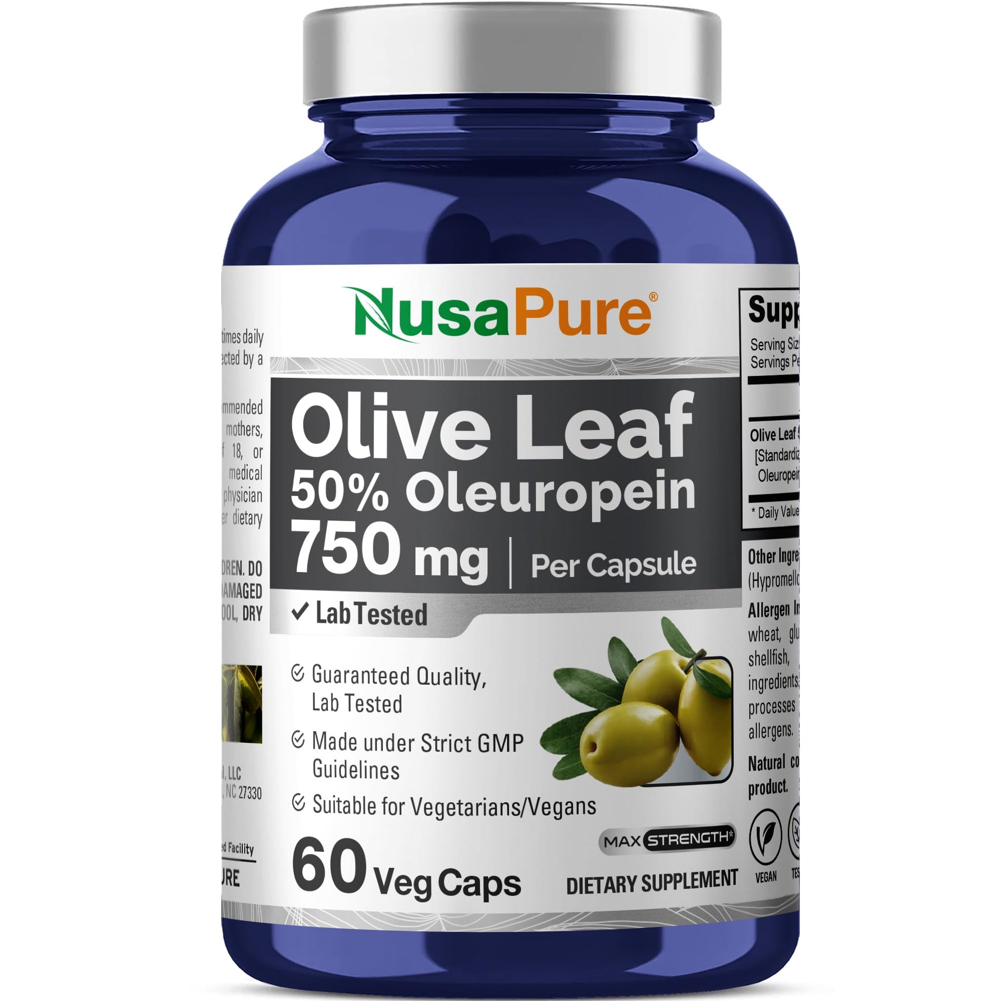 NusaPure Olive Leaf Extract 750 mg - 50% Oleuropein, 60 Capsules