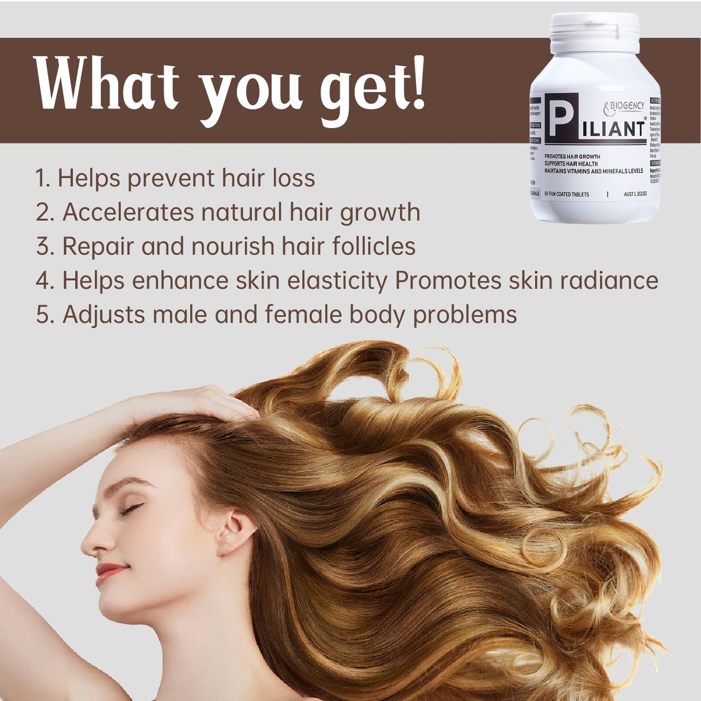 Biogency Piliant 3 Pack Hair Care Natural Supplement - NAD+ Vitamin Folic Acid Hair Niacinamide Complex Tablet, 180 Tablets