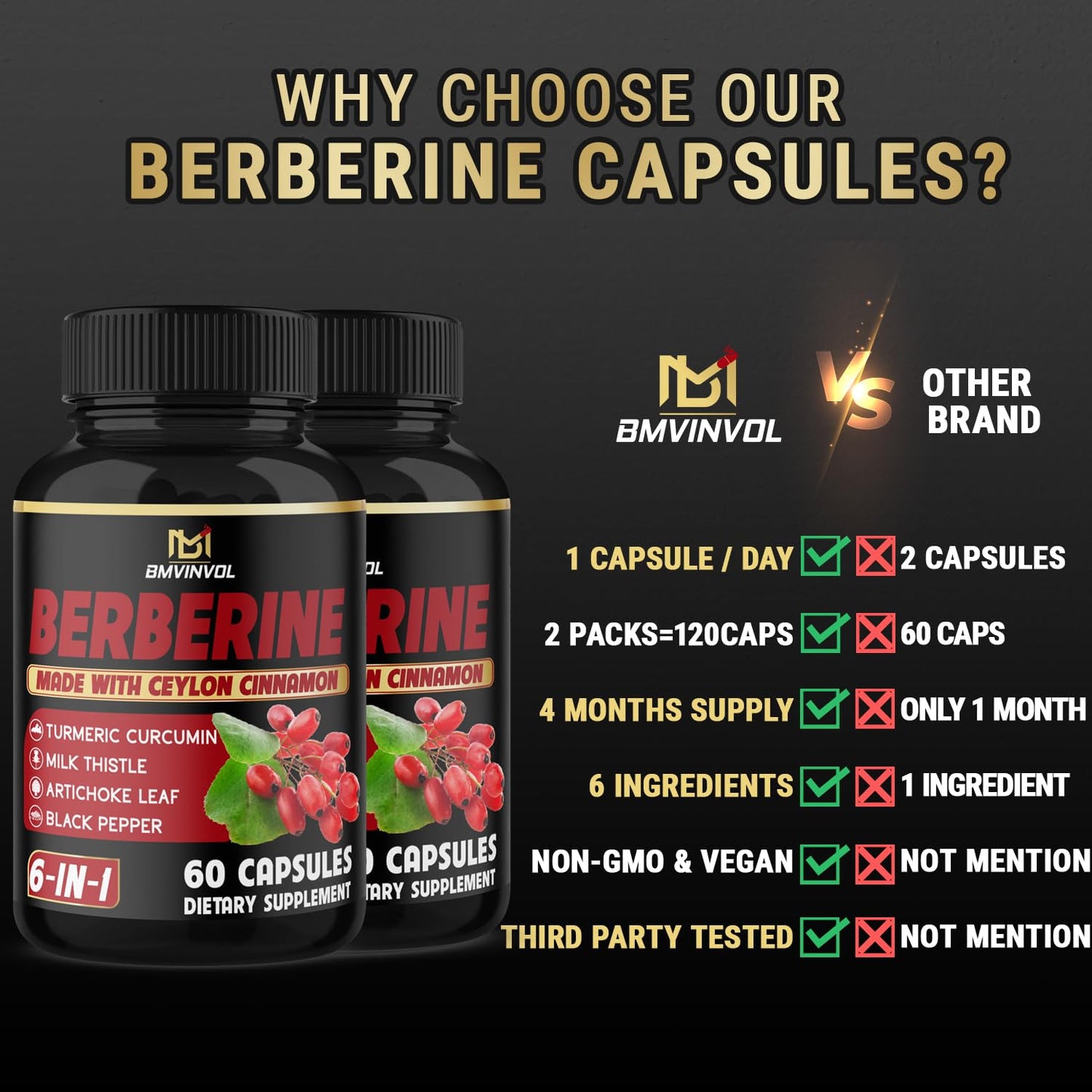 BMVINVOL Berberine Supplement Plus Ceylon Cinnamon and Turmeric 120 Capsules