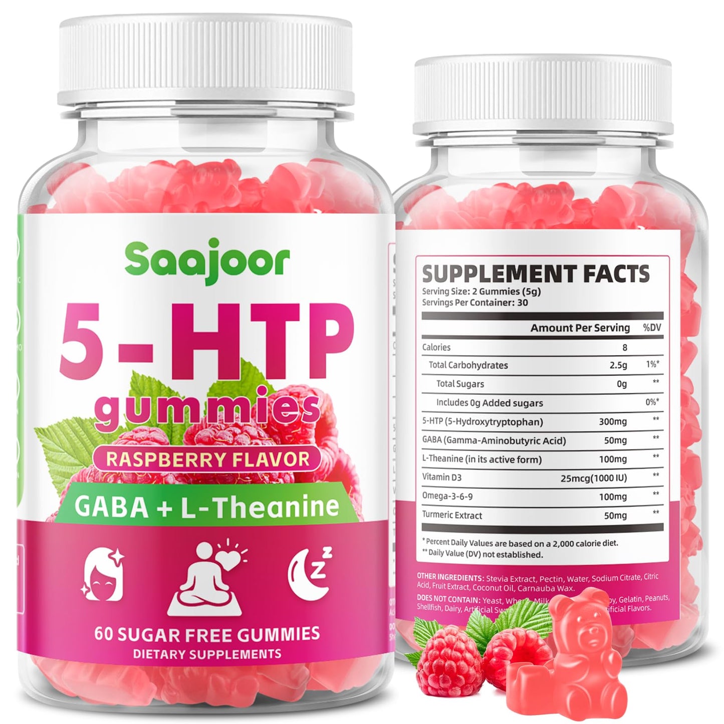 Saajoor 5-HTP 300mg with GABA + L-Theanine & Vitamin D3, 60 Gummies