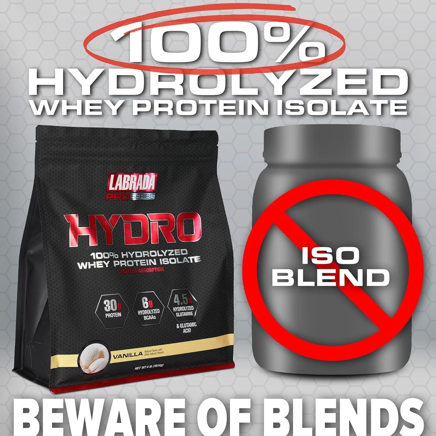 Labrada Hydro 100% Pure Hydrolyzed Whey Protein Isolate Powder, Vanilla, 64 Servings, 4 lb