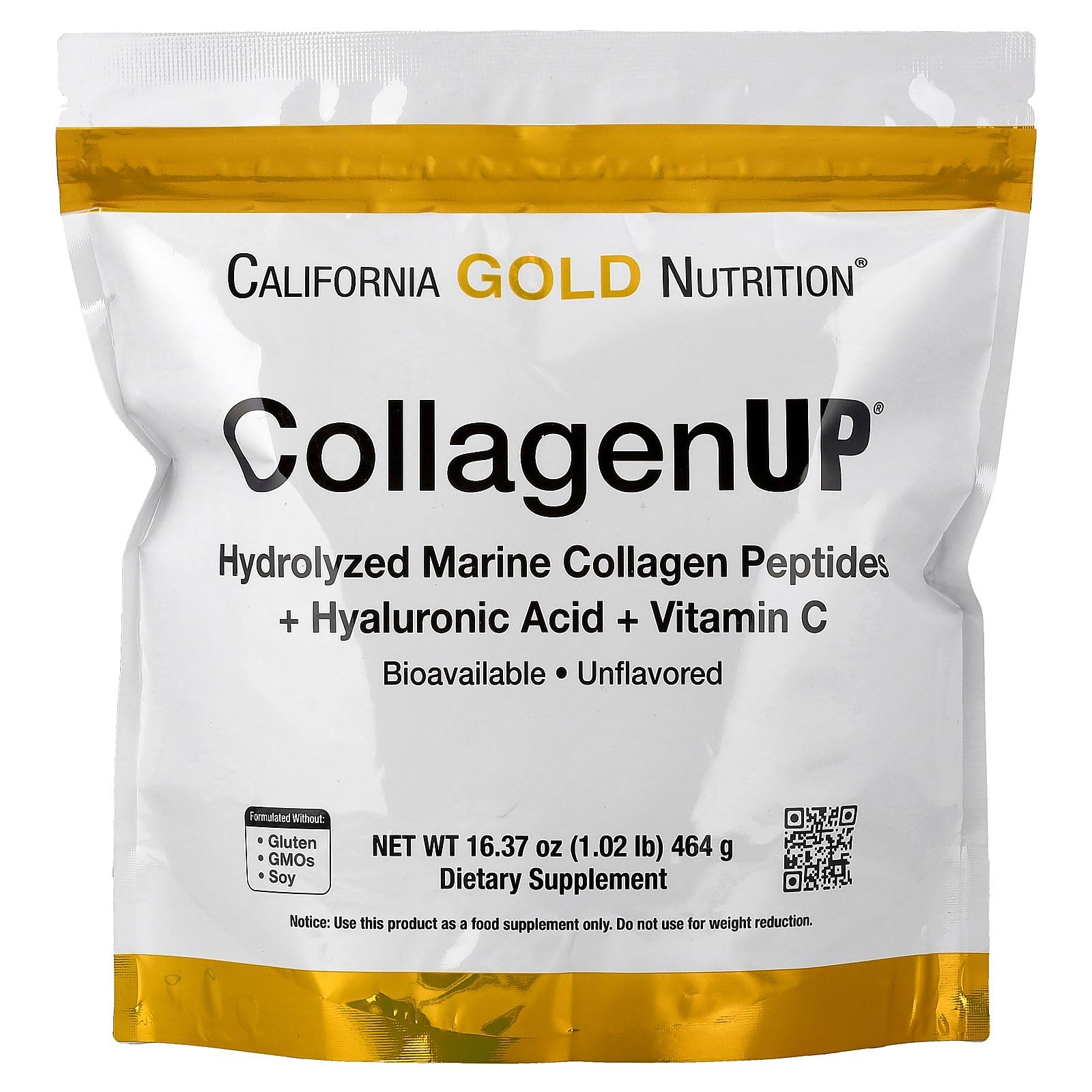 California Gold Nutrition CollagenUP Hydrolyzed Marine Collagen Peptides with Hyaluronic Acid and Vitamin C (Powder), 16.36 oz
