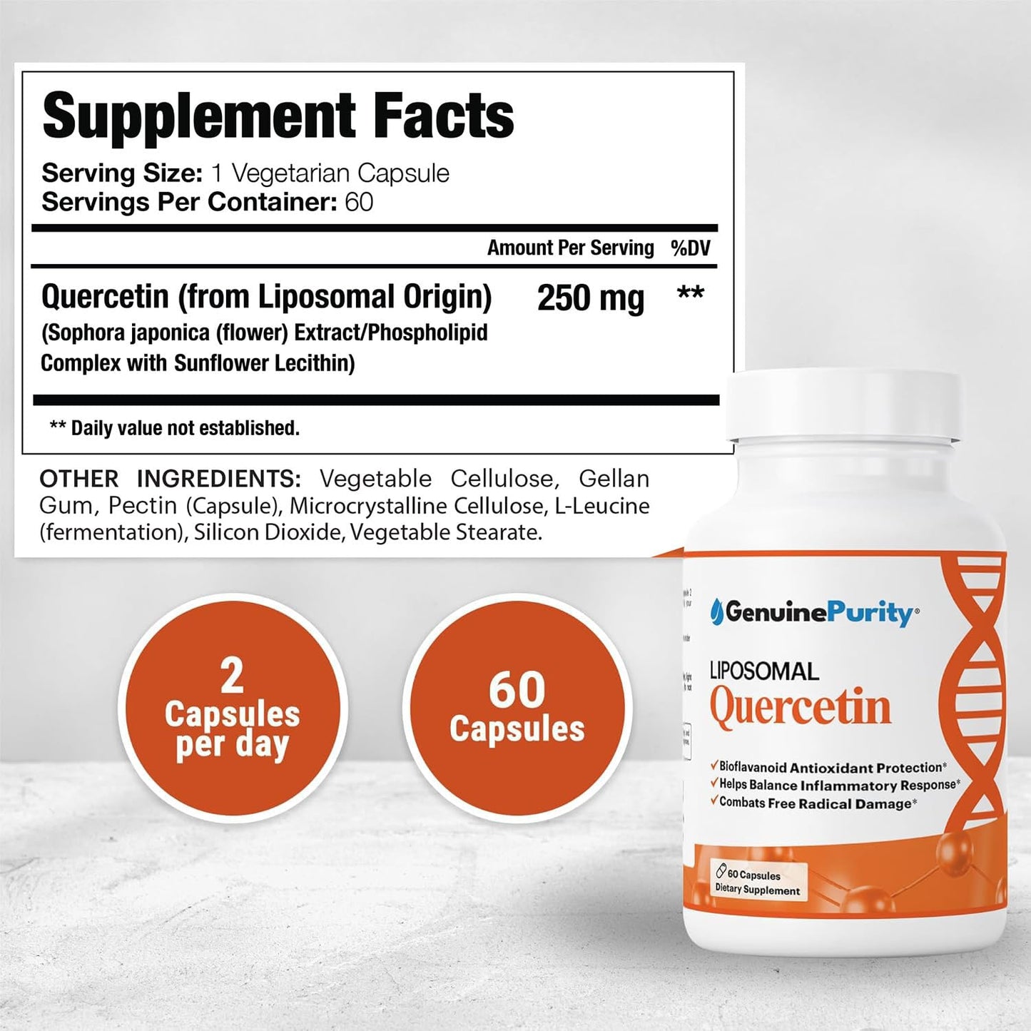 GenuinePurity Liposomal Quercetin Supplements 250mg per Serving, 60 Capsules
