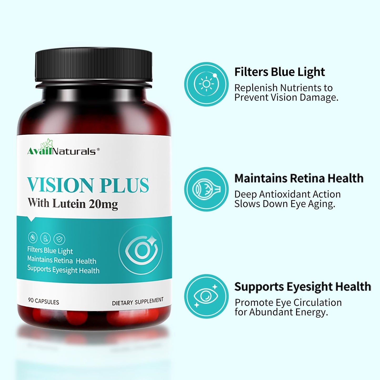 AvailNaturals Vision Plus Eye Vitamins with Lutein 20mg, Bilberry & Blueberry Extract, 180 Capsules
