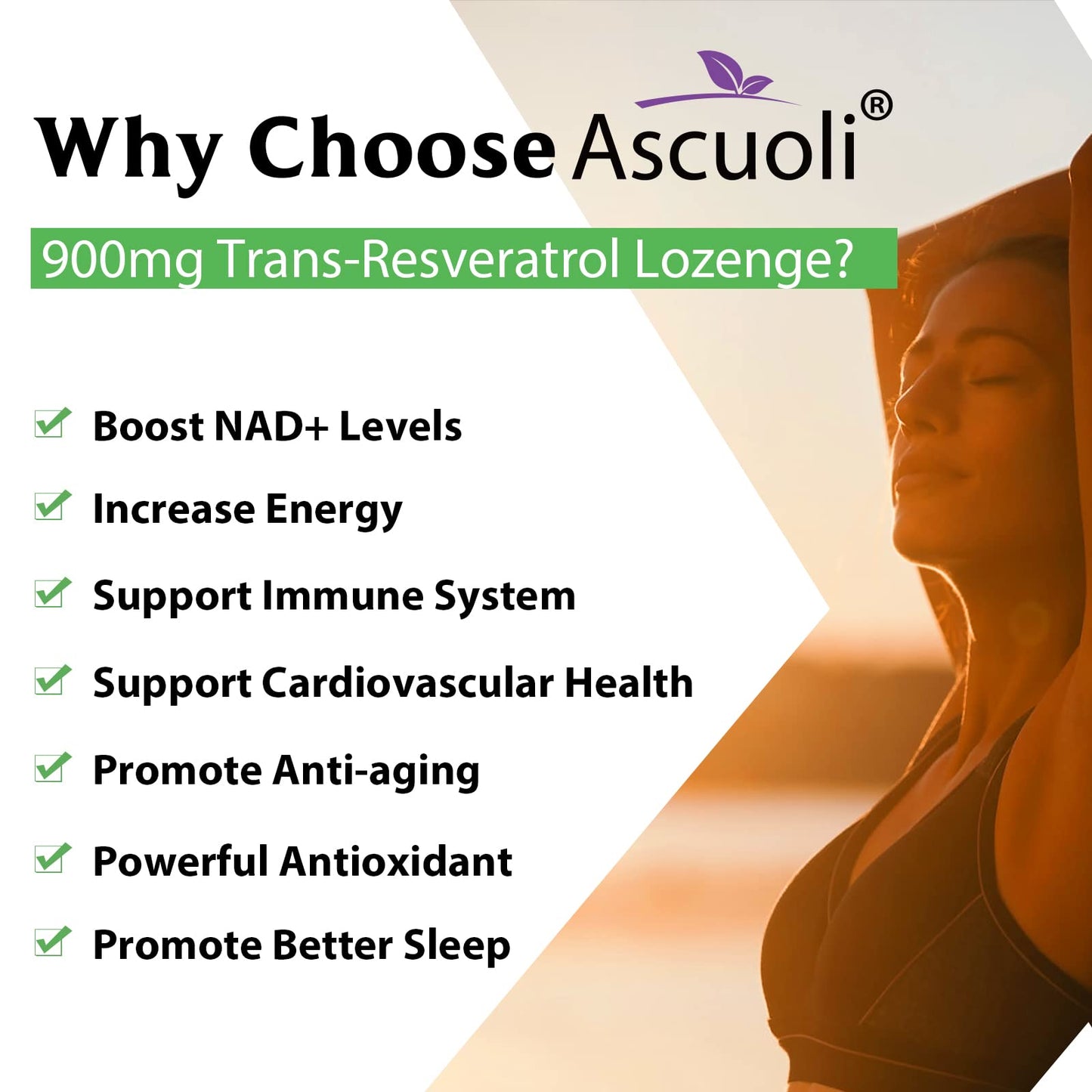 Ascuoli Trans-Resveratrol Purity 99%, 3-in-1 Advanced Formula Resveratrol Supplement for NAD+, Immune & Energy Support, Anti-Aging, Skin Health & Antioxidant Tablet, 240 Count