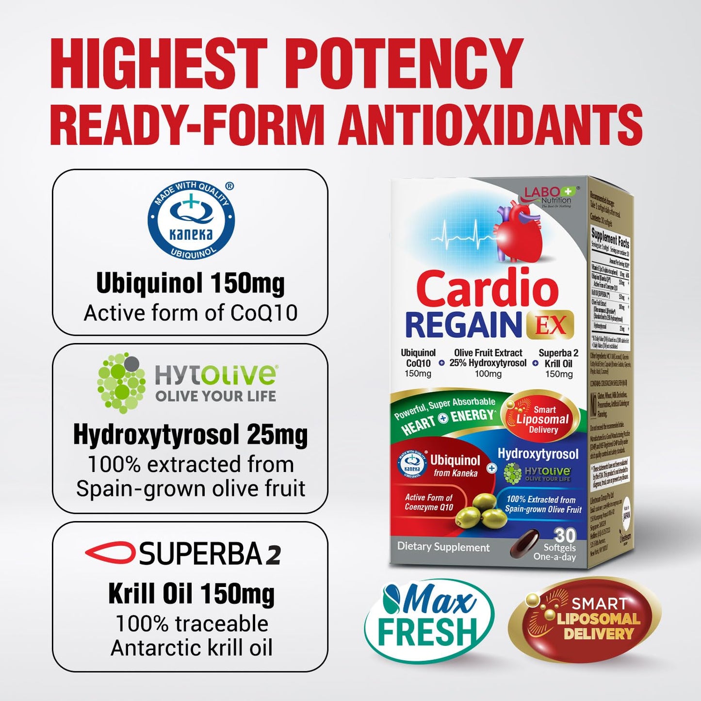 LABO Nutrition CardioREGAIN EX Liposomal Ubiquinol CoQ10 150mg Softgel, 30 Count