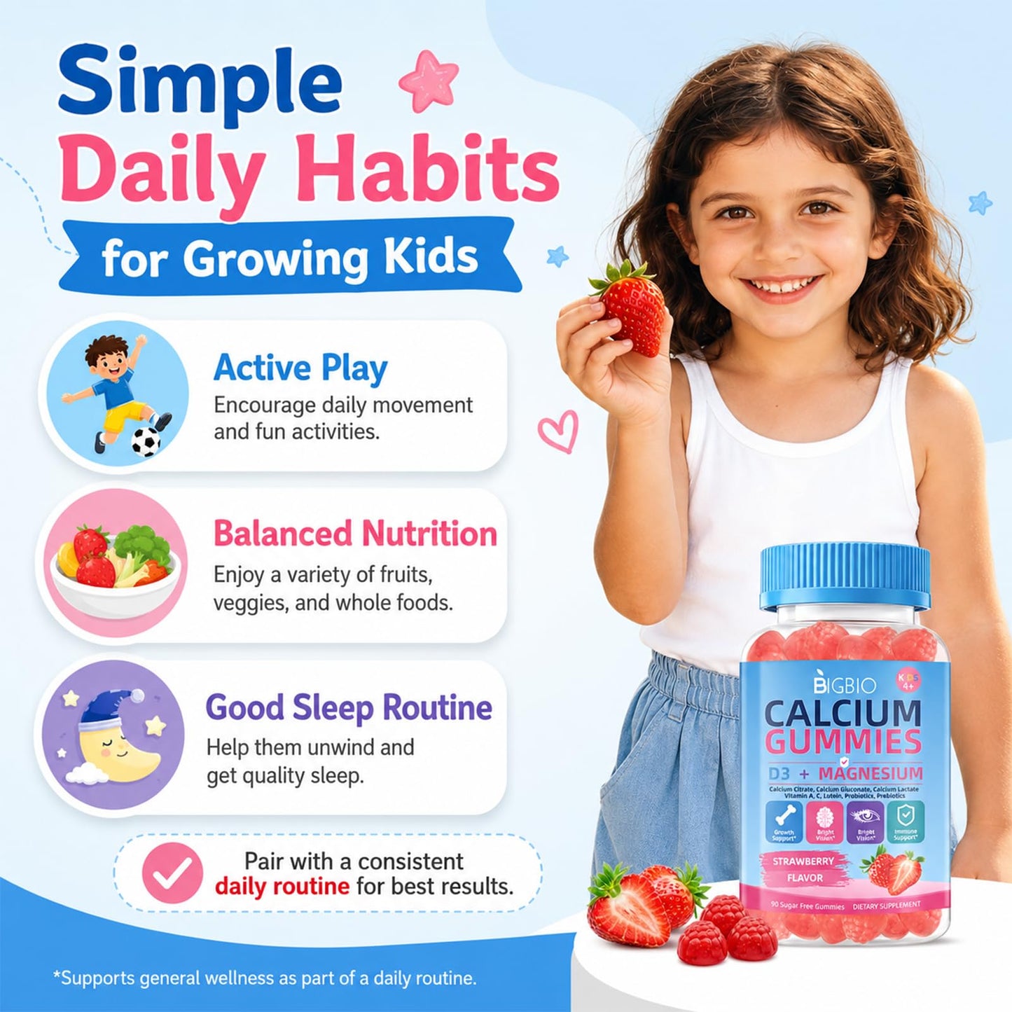 BIGBIO Kids Calcium Gummies with D3 & Magnesium, Probiotics & Prebiotics, Bone & Muscle Support, Vision & Immune Health, Sugar-Free, Strawberry Flavor, 90 Gummies