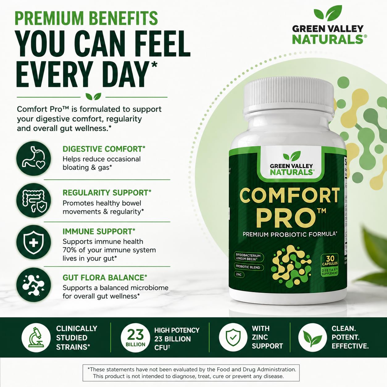 GREEN VALLEY NATURALS ComfortPro Daily Probiotics for Digestive Health, 60 Capsules