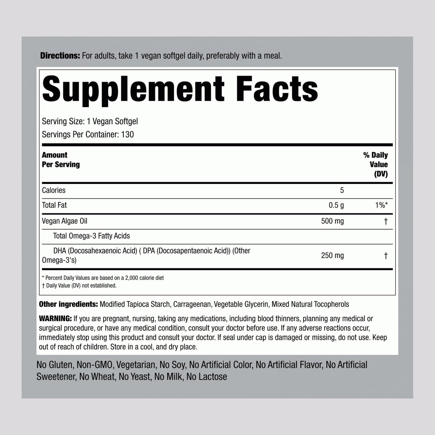Piping Rock Omega 3 Algae Oil 500mg Softgels 130