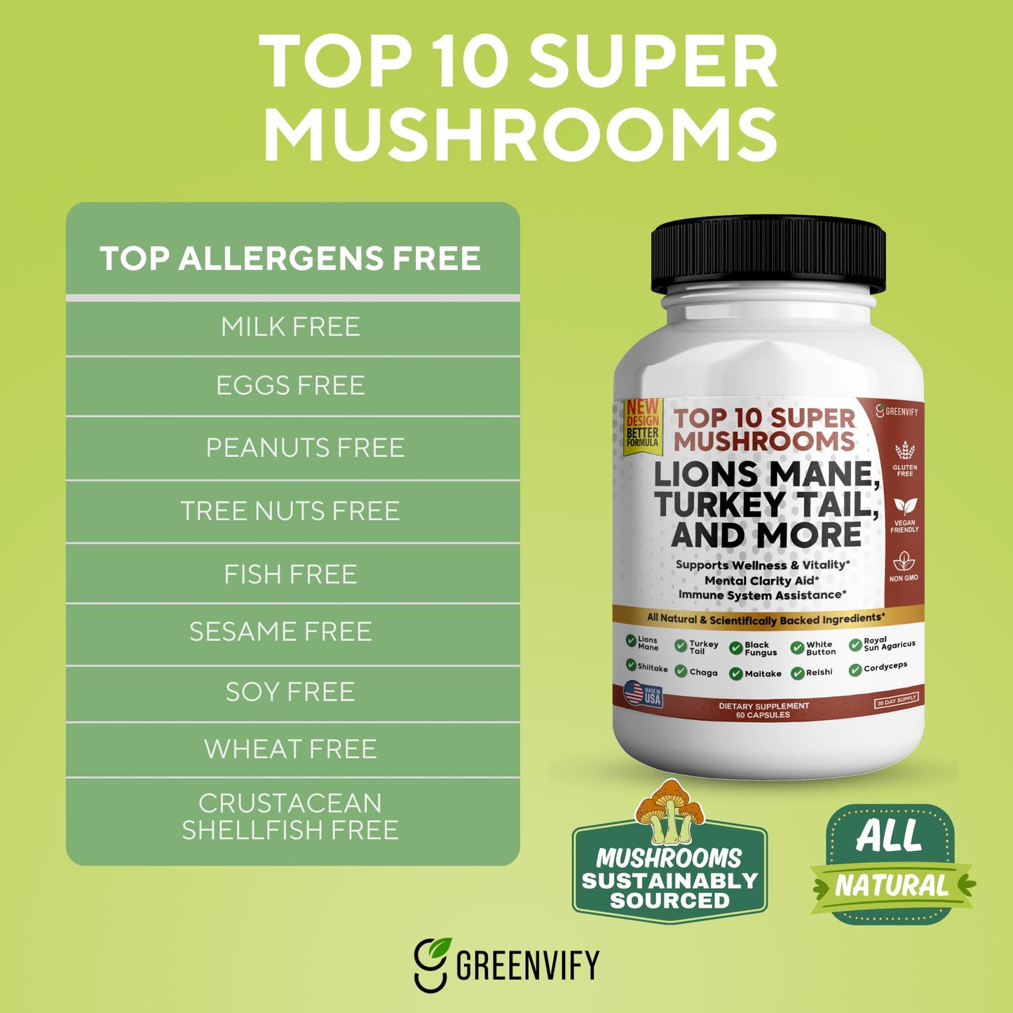 GREENVIFY Lions Mane 10 Super Mushrooms Supplement - Lions Mane, Reishi, Cordyceps, Shiitake Extracts, 120 Capsules