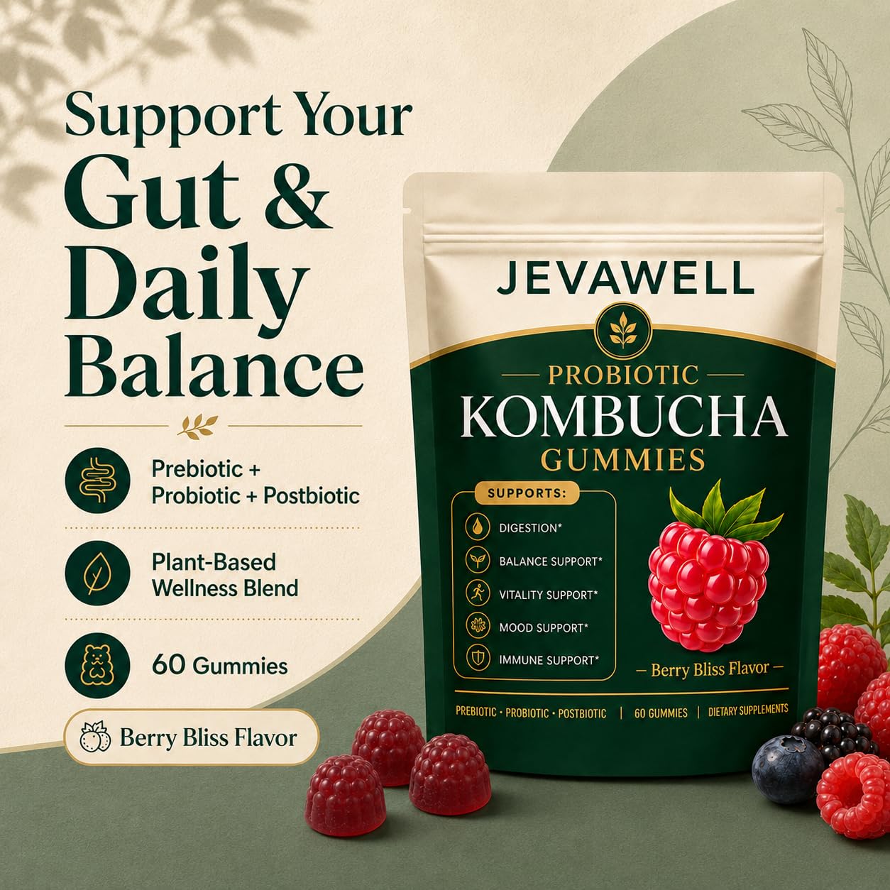 FQMUEV JEVAWELL Probiotic Kombucha Gummies, 60 Count