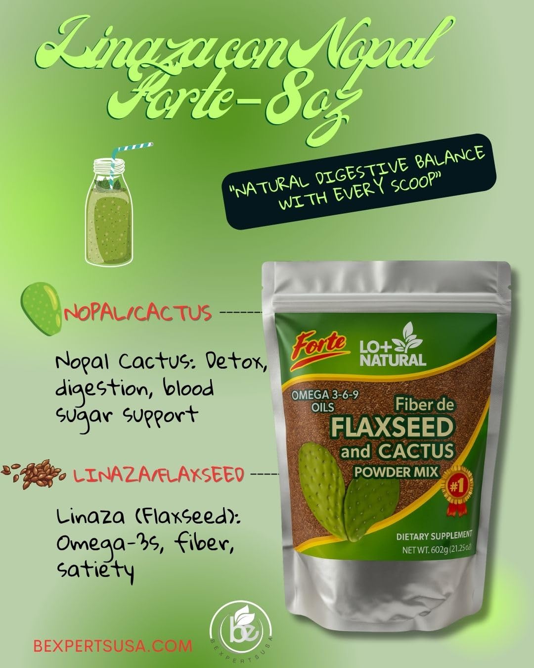 LO+NATURAL Linaza con Nopal Forte Flaxseed & Nopal Cactus Powder, 8 oz