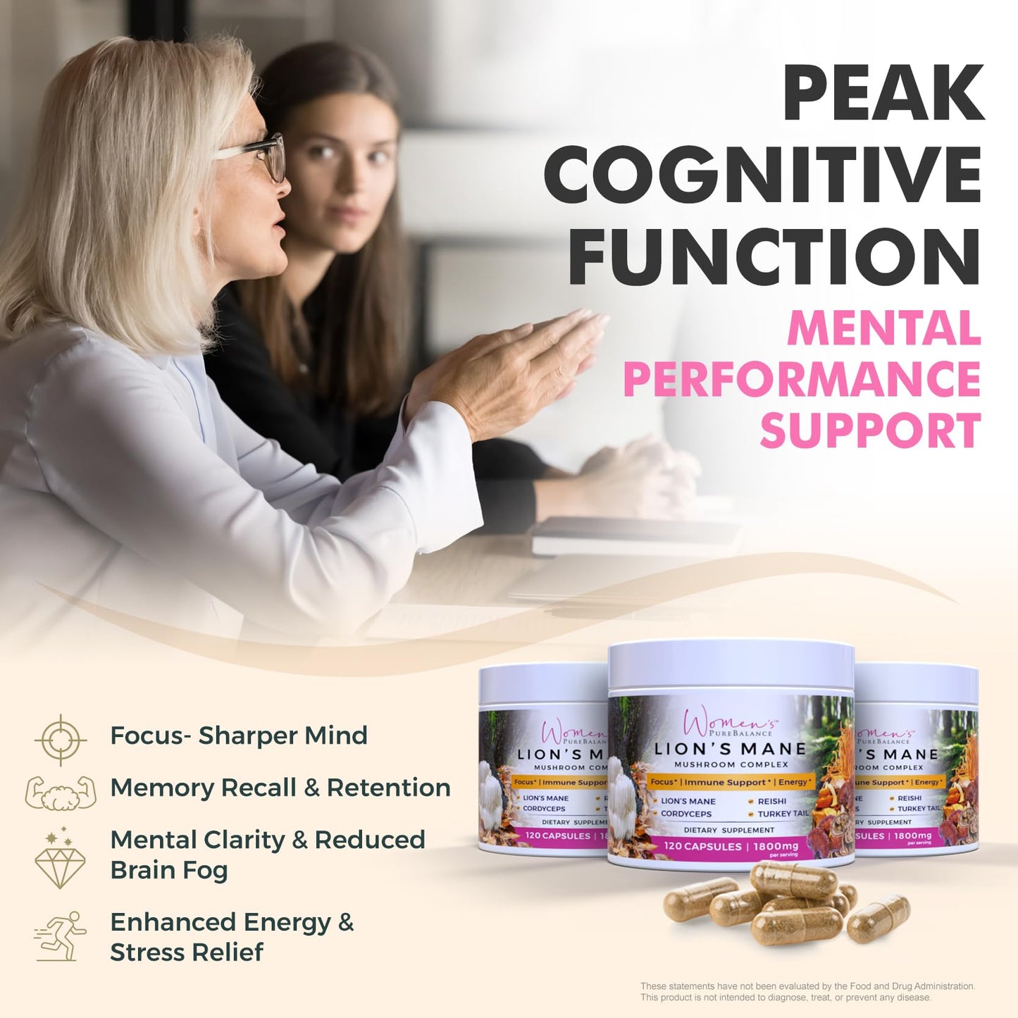 Women's PureBalance Lion's Mane Mushroom Supplement Capsules with Reishi, Cordyceps, Turkey Tail 120 Count