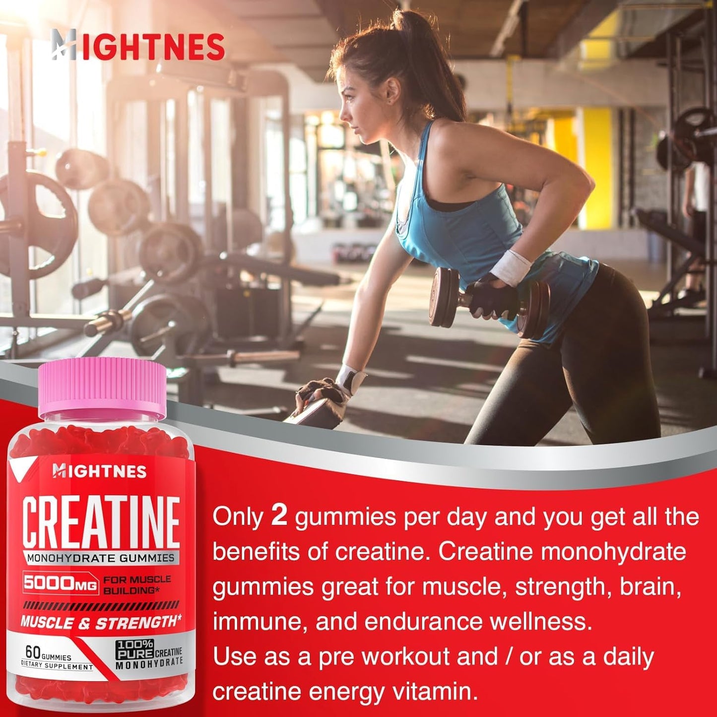 Mightnes Creatine Monohydrate Gummies, 60 Count