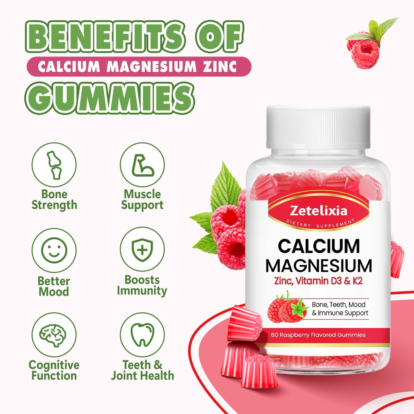 Zetelixia Calcium Magnesium Zinc Gummies with Vitamin D3 & K2, Raspberry Flavor, 60 Count