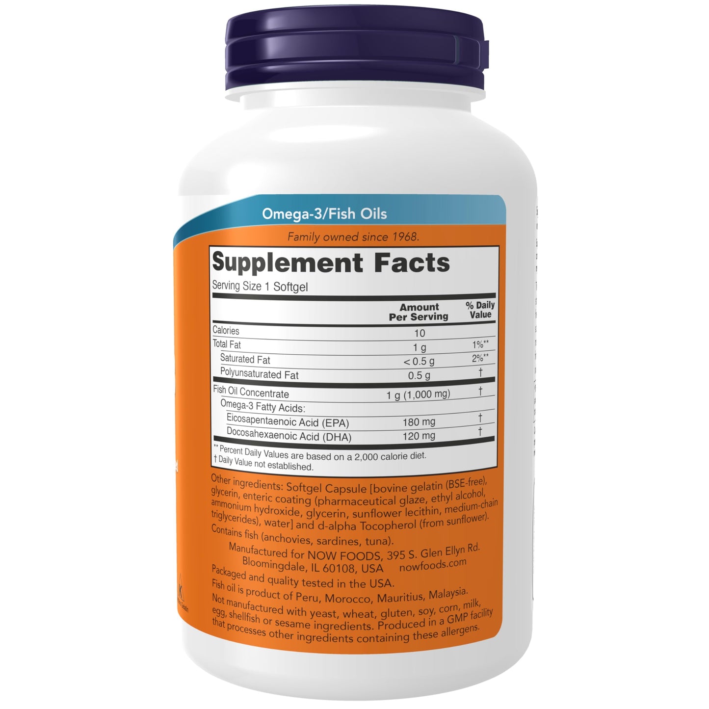 NOW Foods Omega-3 180 EPA / 120 DHA Enteric Coated Cardiovascular Support Softgels, 180 Softgels